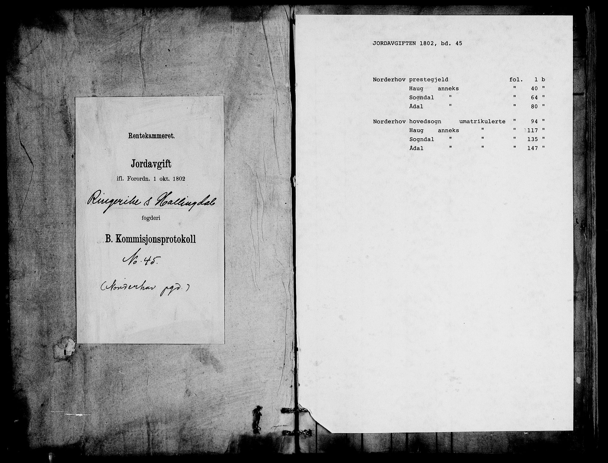 Rentekammeret inntil 1814, Realistisk ordnet avdeling, RA/EA-4070/N/Ne/Nea/L0045: Ringerike og Hallingdal fogderi. Kommisjonsprotokoll for Norderhov prestegjeld, 1803, p. 1