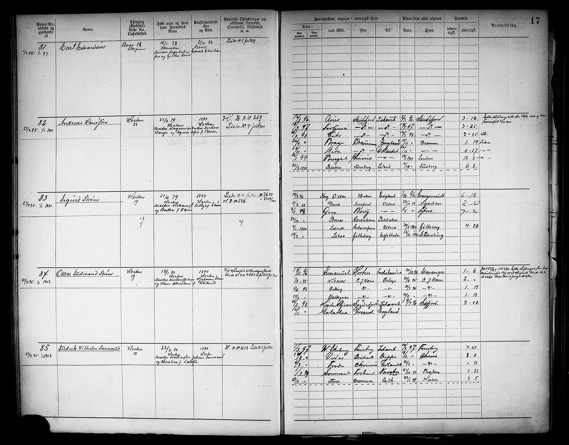 Horten innrulleringskontor, SAKO/A-785/F/Fb/L0006: Annotasjonsrulle, 1889-1911, p. 20