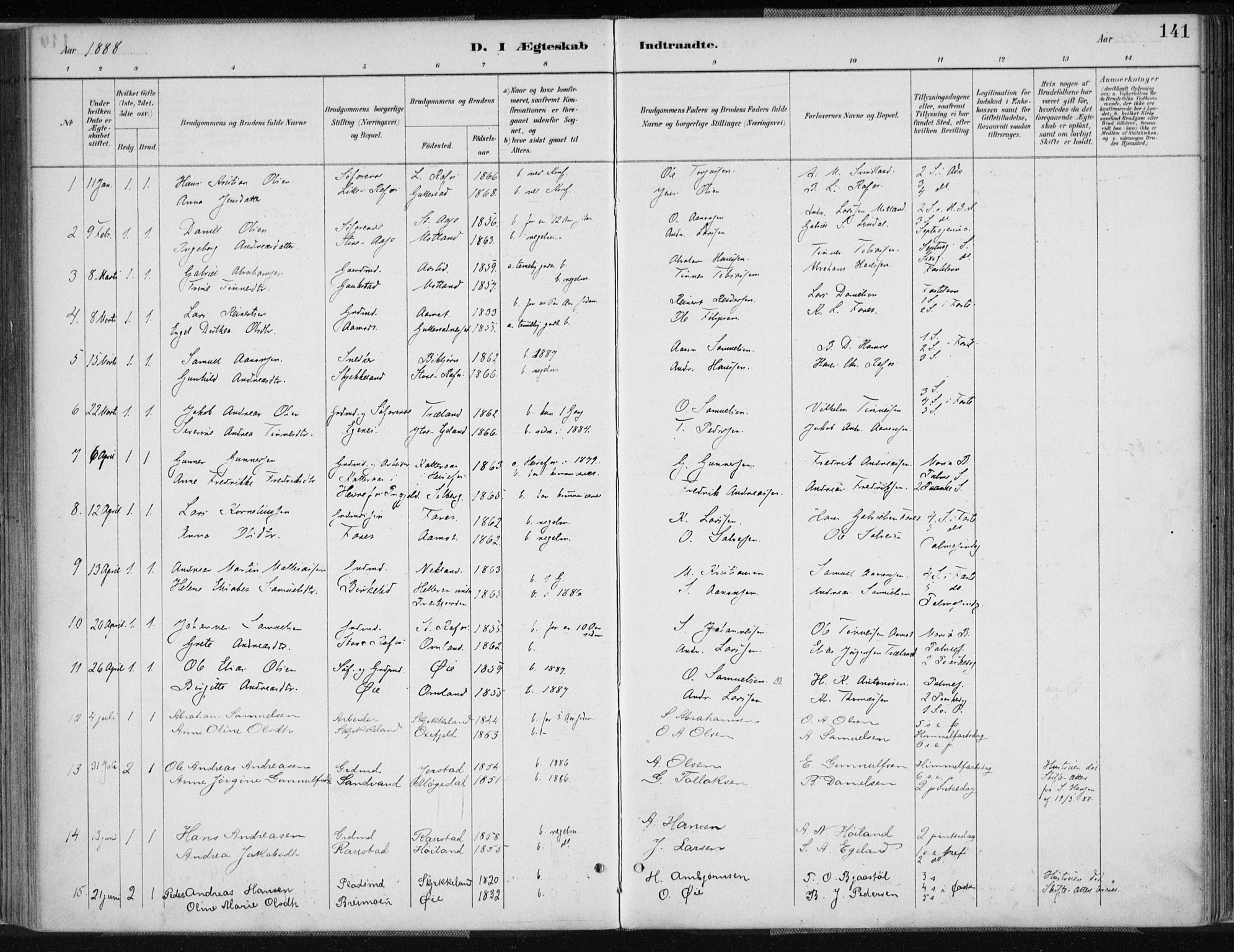 Kvinesdal sokneprestkontor, AV/SAK-1111-0026/F/Fa/Fab/L0008: Parish register (official) no. A 8, 1886-1897, p. 141