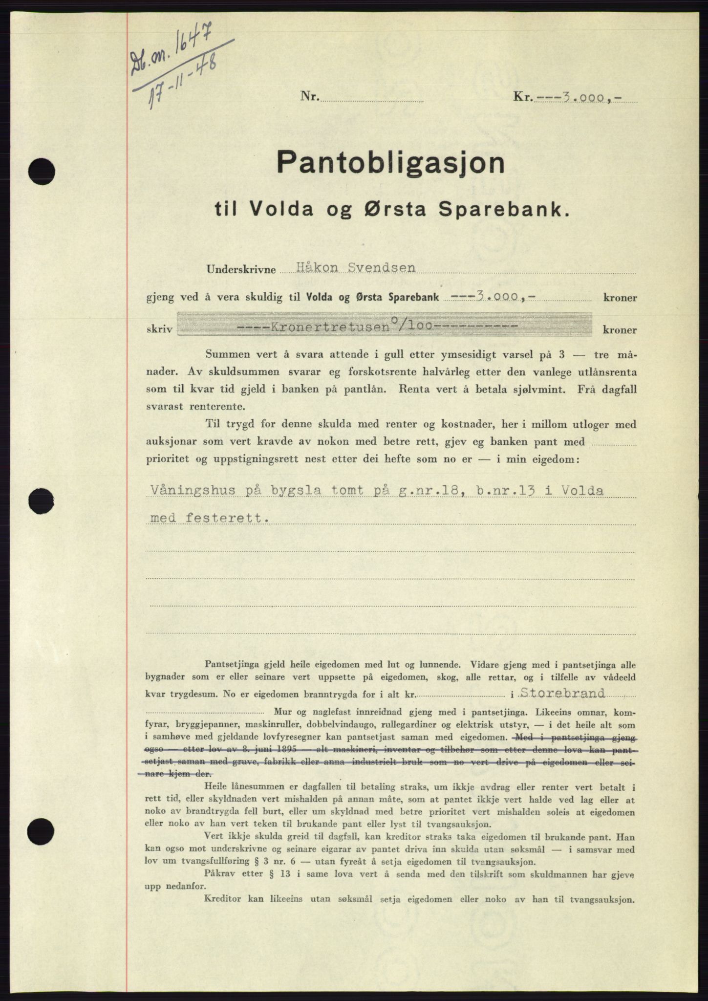 Søre Sunnmøre sorenskriveri, AV/SAT-A-4122/1/2/2C/L0116: Mortgage book no. 4B, 1948-1949, Diary no: : 1647/1948