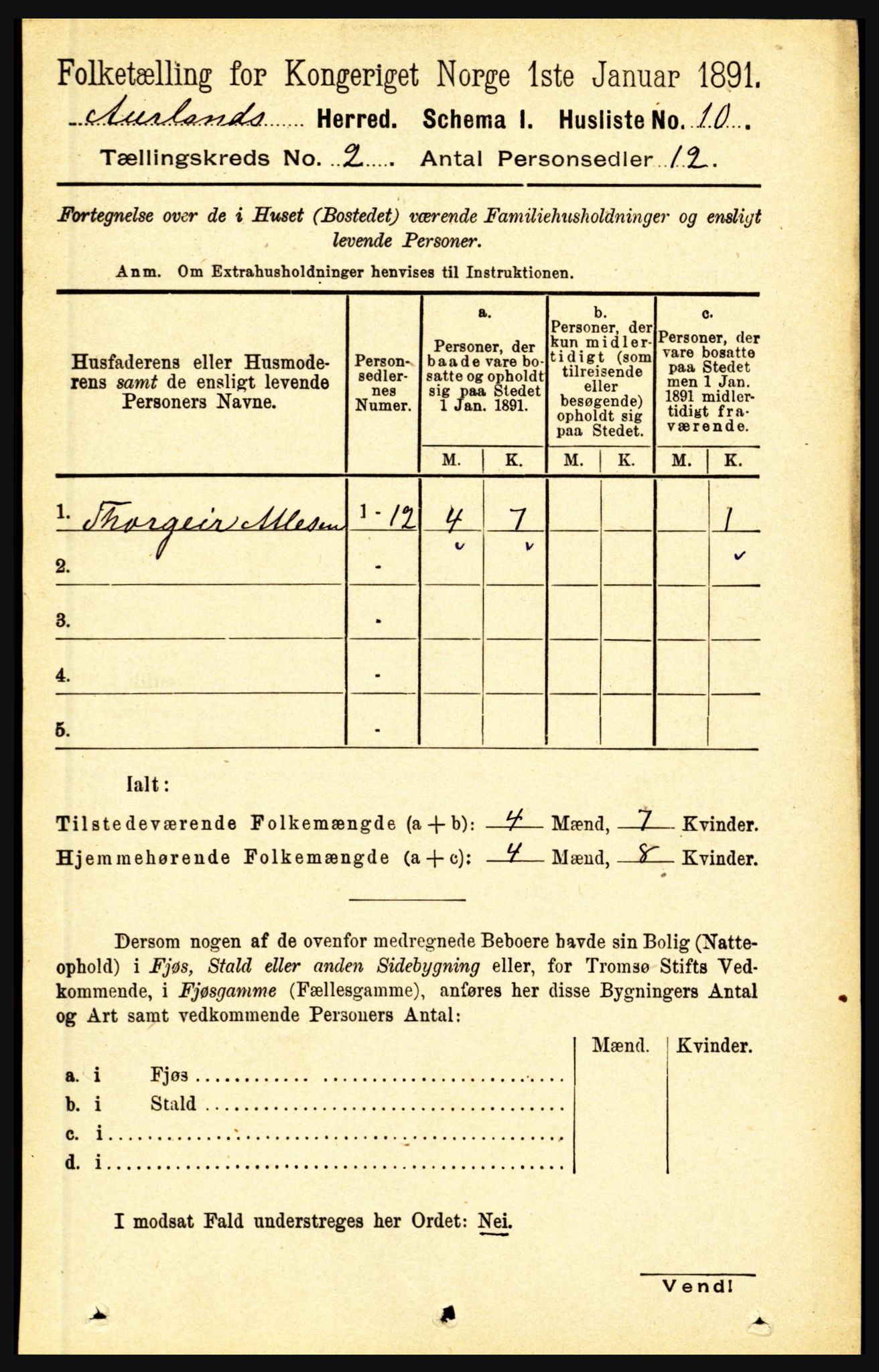 RA, 1891 census for 1421 Aurland, 1891, p. 423