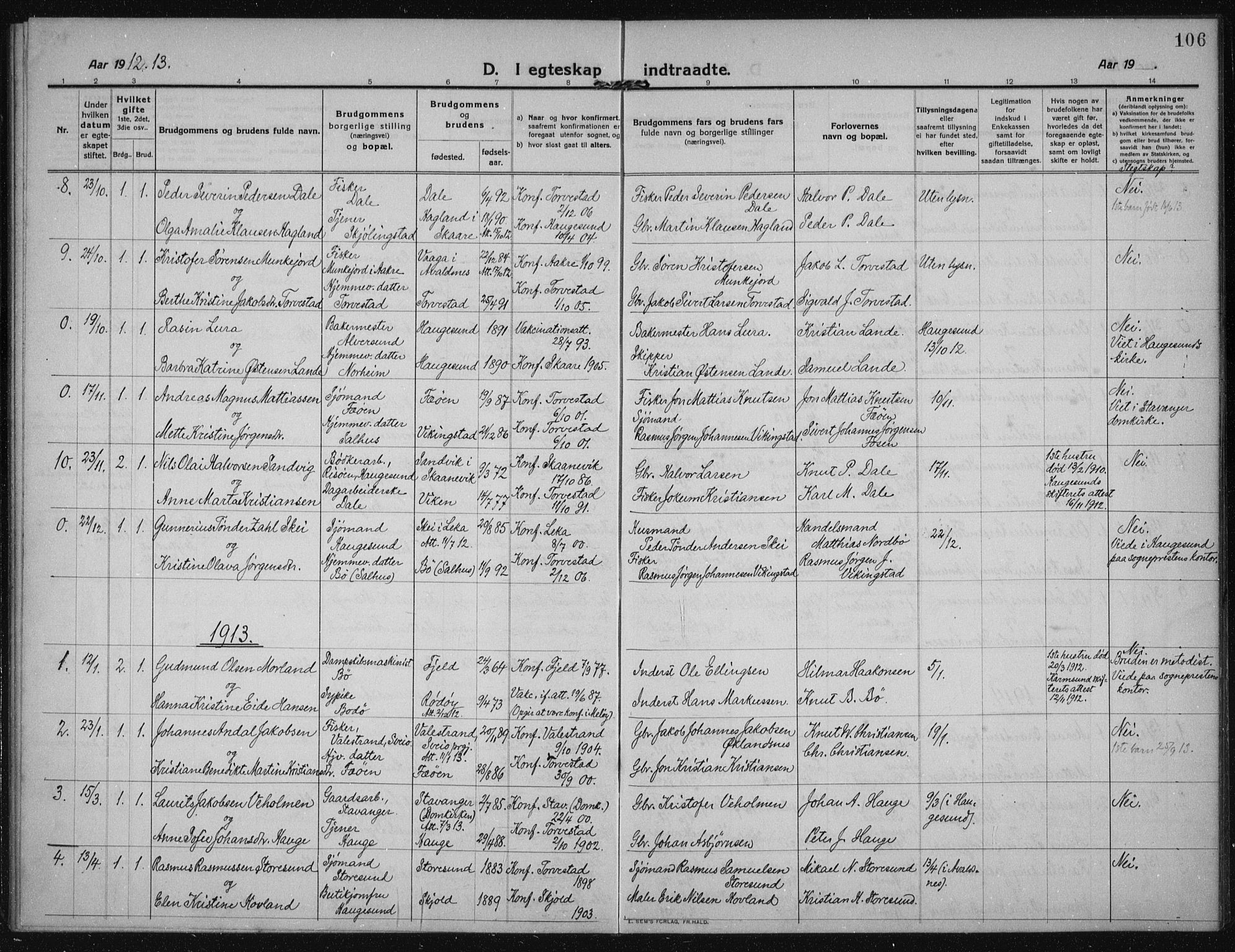 Torvastad sokneprestkontor, AV/SAST-A -101857/H/Ha/Haa/L0019: Parish register (official) no. A 18, 1912-1920, p. 106