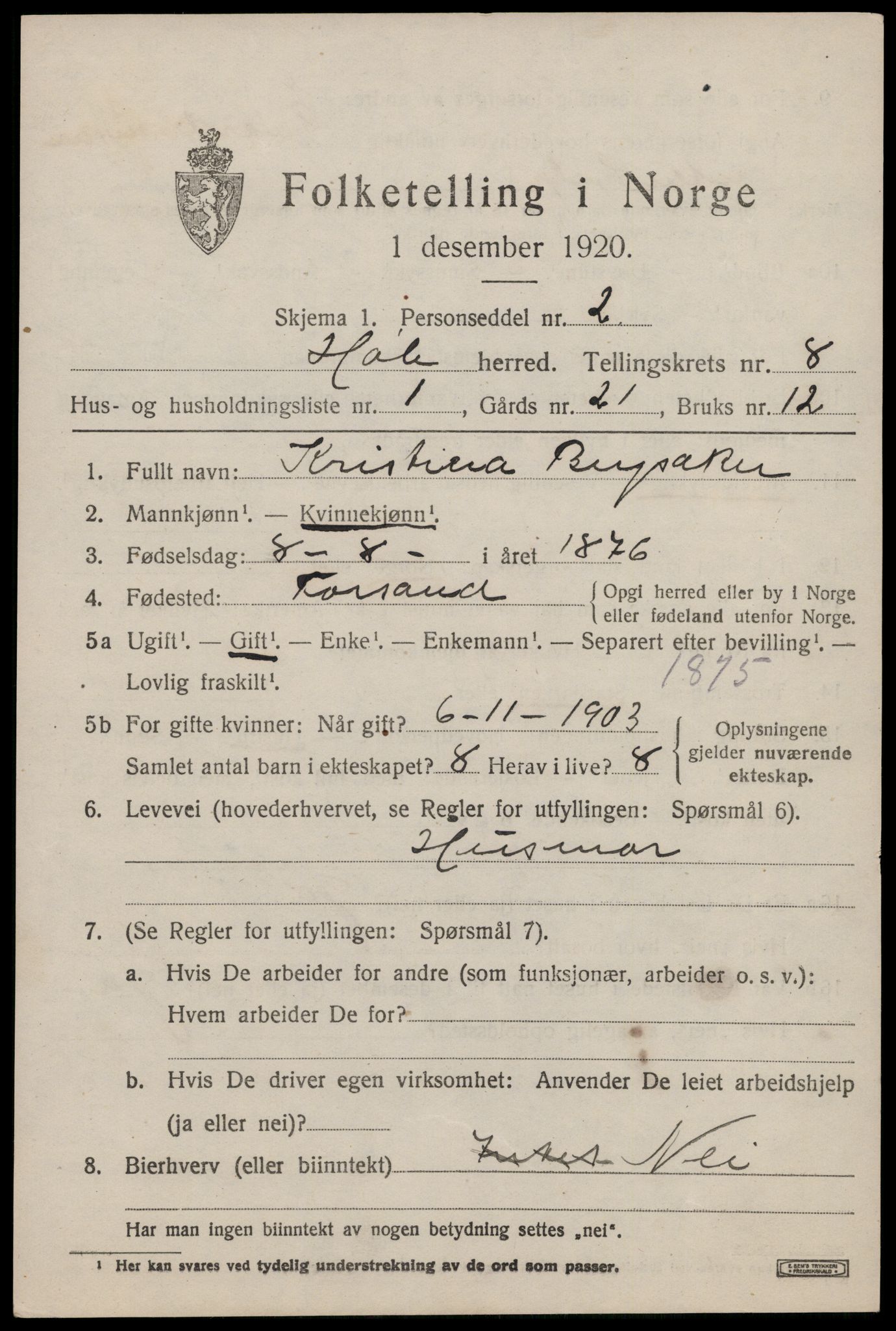 SAST, 1920 census for Høle, 1920, p. 2213