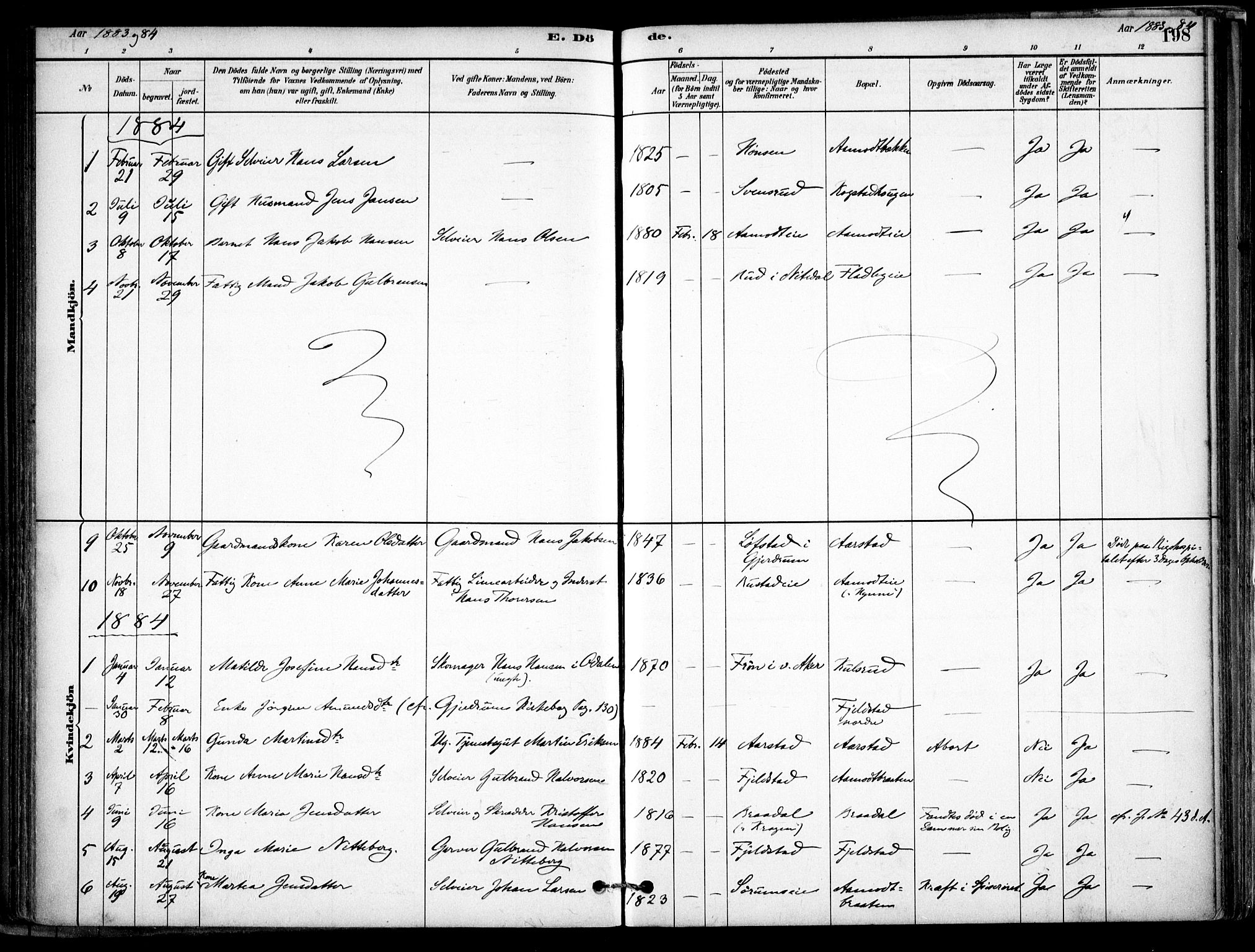 Gjerdrum prestekontor Kirkebøker, SAO/A-10412b/F/Fb/L0001: Parish register (official) no. II 1, 1881-1921, p. 198