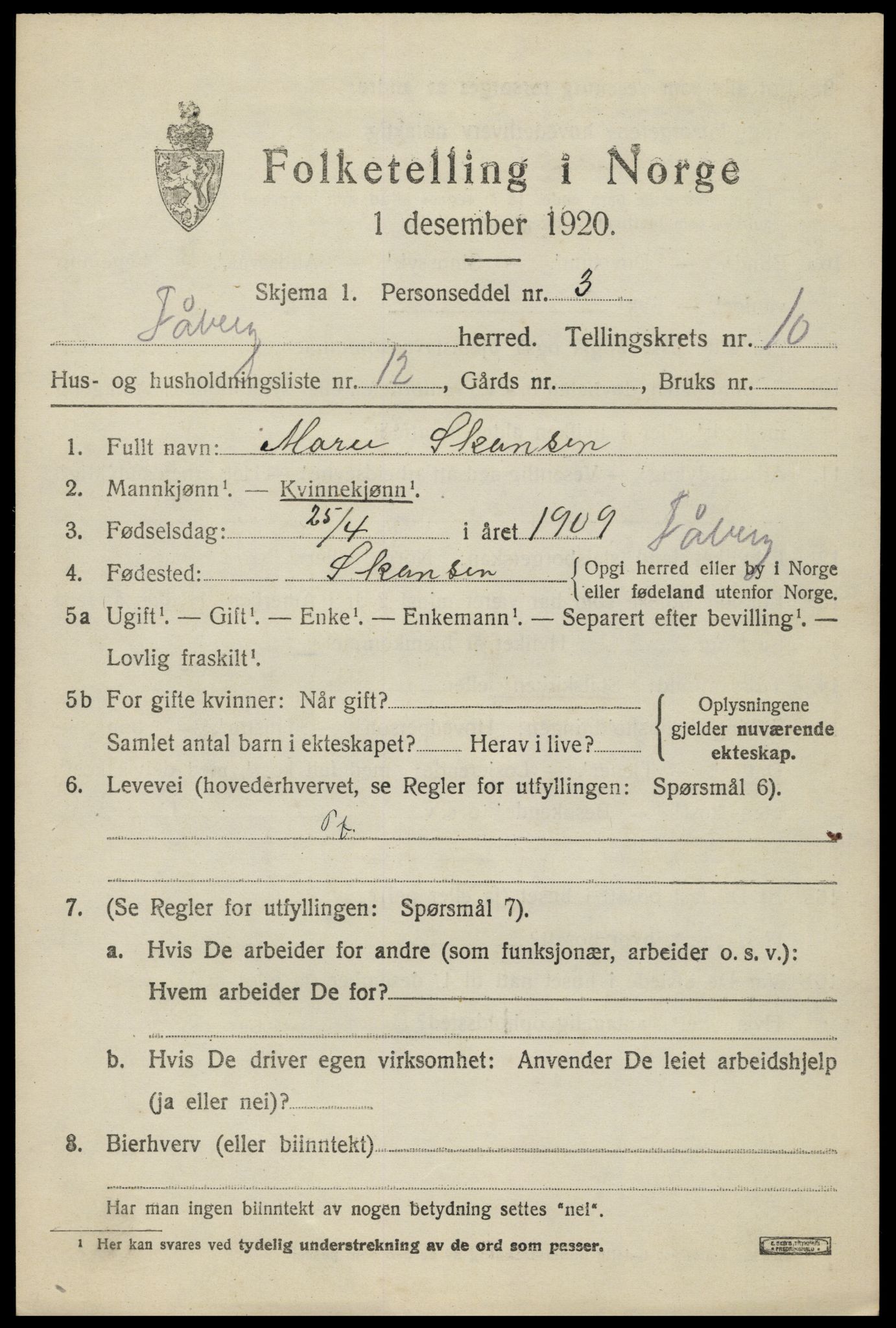 SAH, 1920 census for Fåberg, 1920, p. 11770