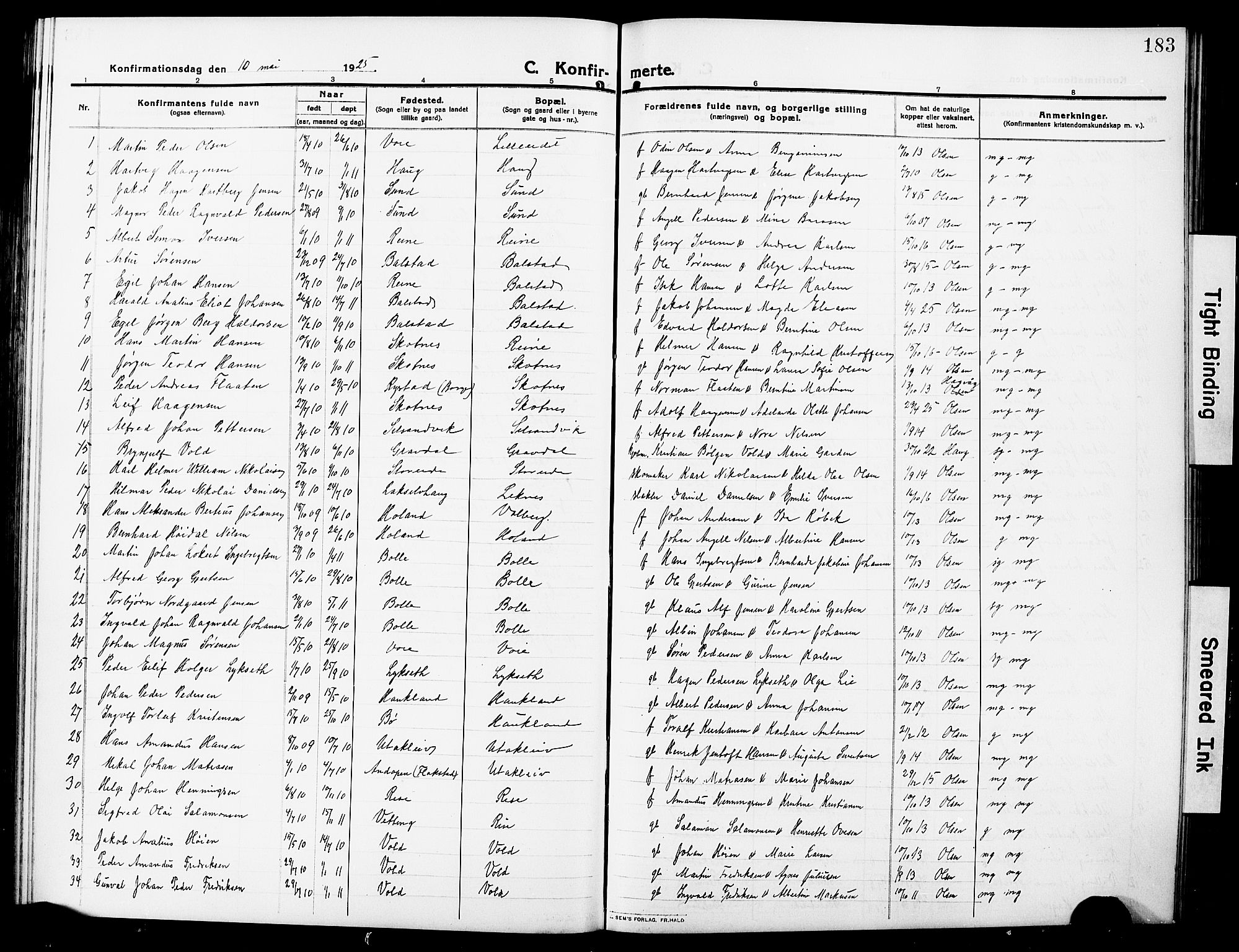 Ministerialprotokoller, klokkerbøker og fødselsregistre - Nordland, SAT/A-1459/881/L1169: Parish register (copy) no. 881C06, 1912-1930, p. 183