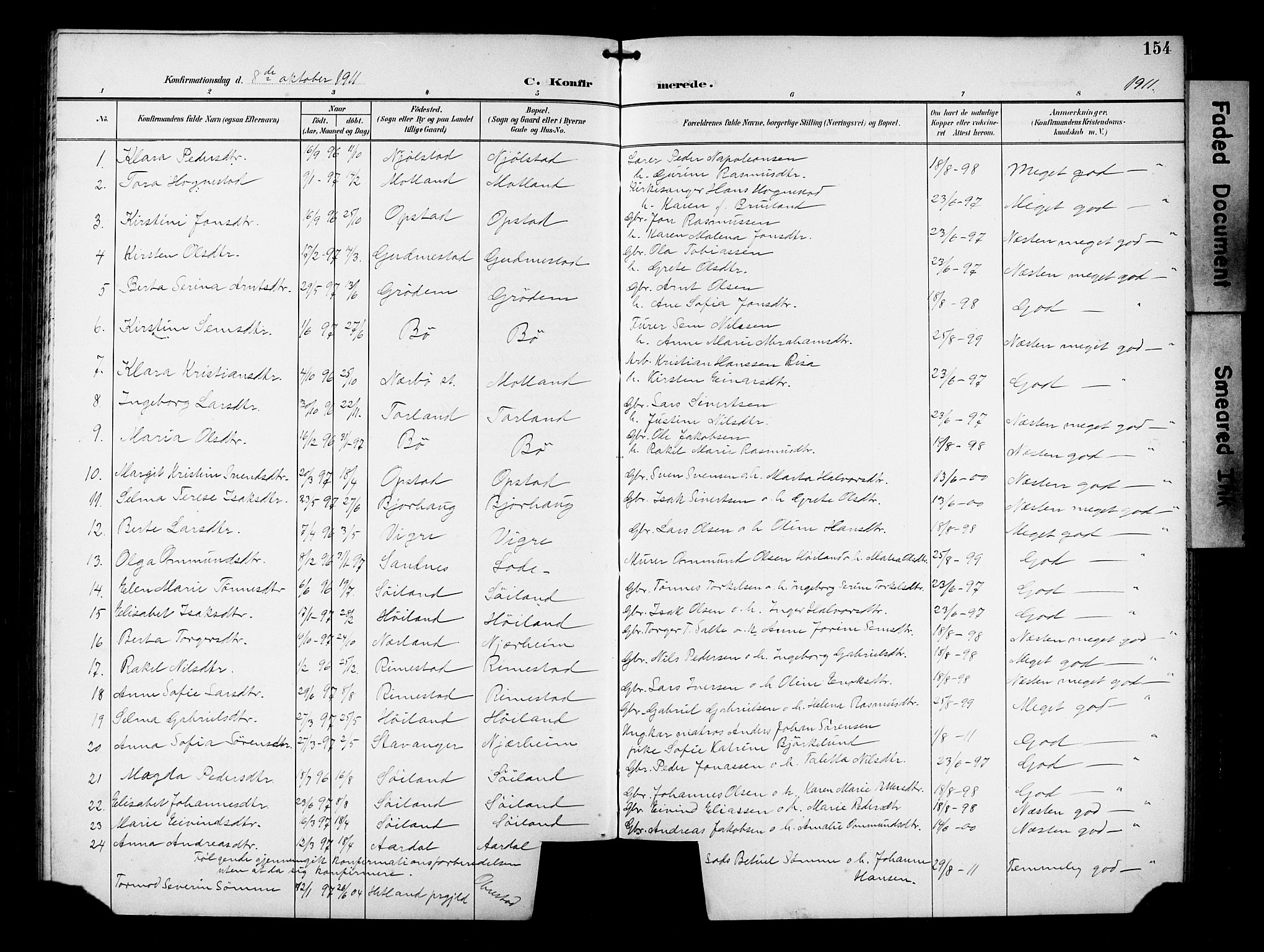 Hå sokneprestkontor, SAST/A-101801/001/30BB/L0005: Parish register (copy) no. B 5, 1894-1912, p. 154