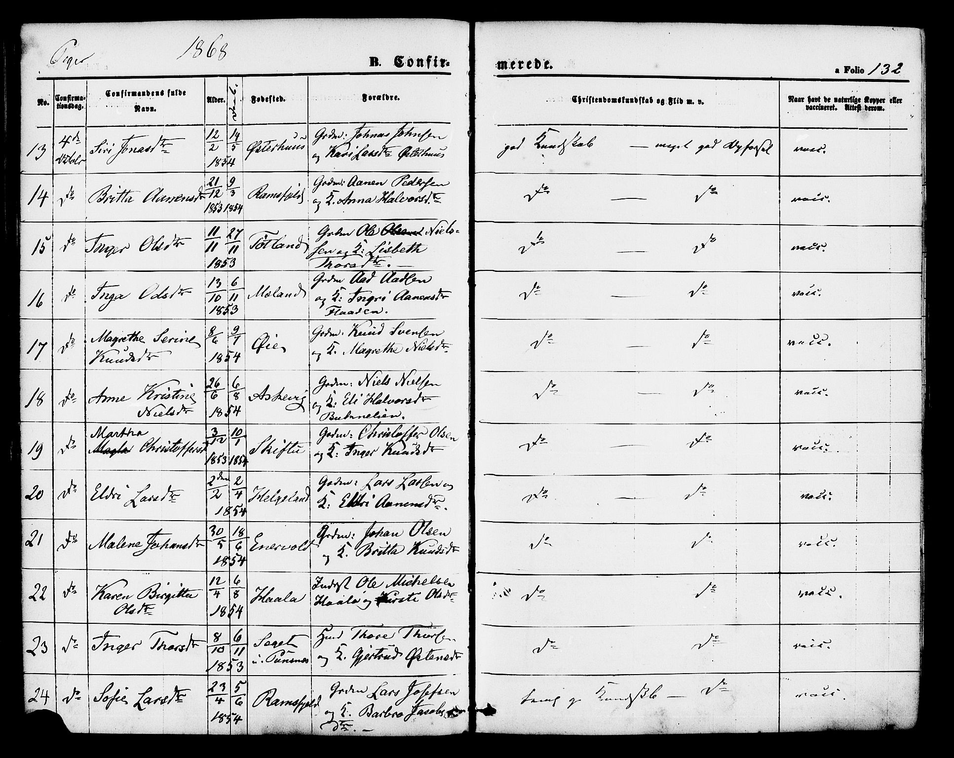 Hjelmeland sokneprestkontor, AV/SAST-A-101843/01/IV/L0011: Parish register (official) no. A 11, 1861-1878, p. 132