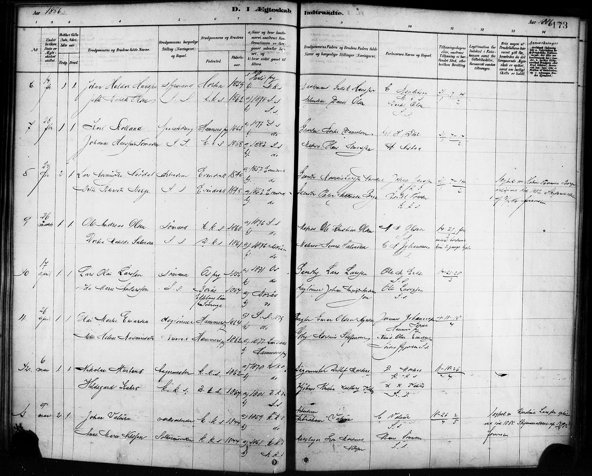 Sandviken Sokneprestembete, SAB/A-77601/H/Ha/L0002: Parish register (official) no. A 2, 1878-1896, p. 173