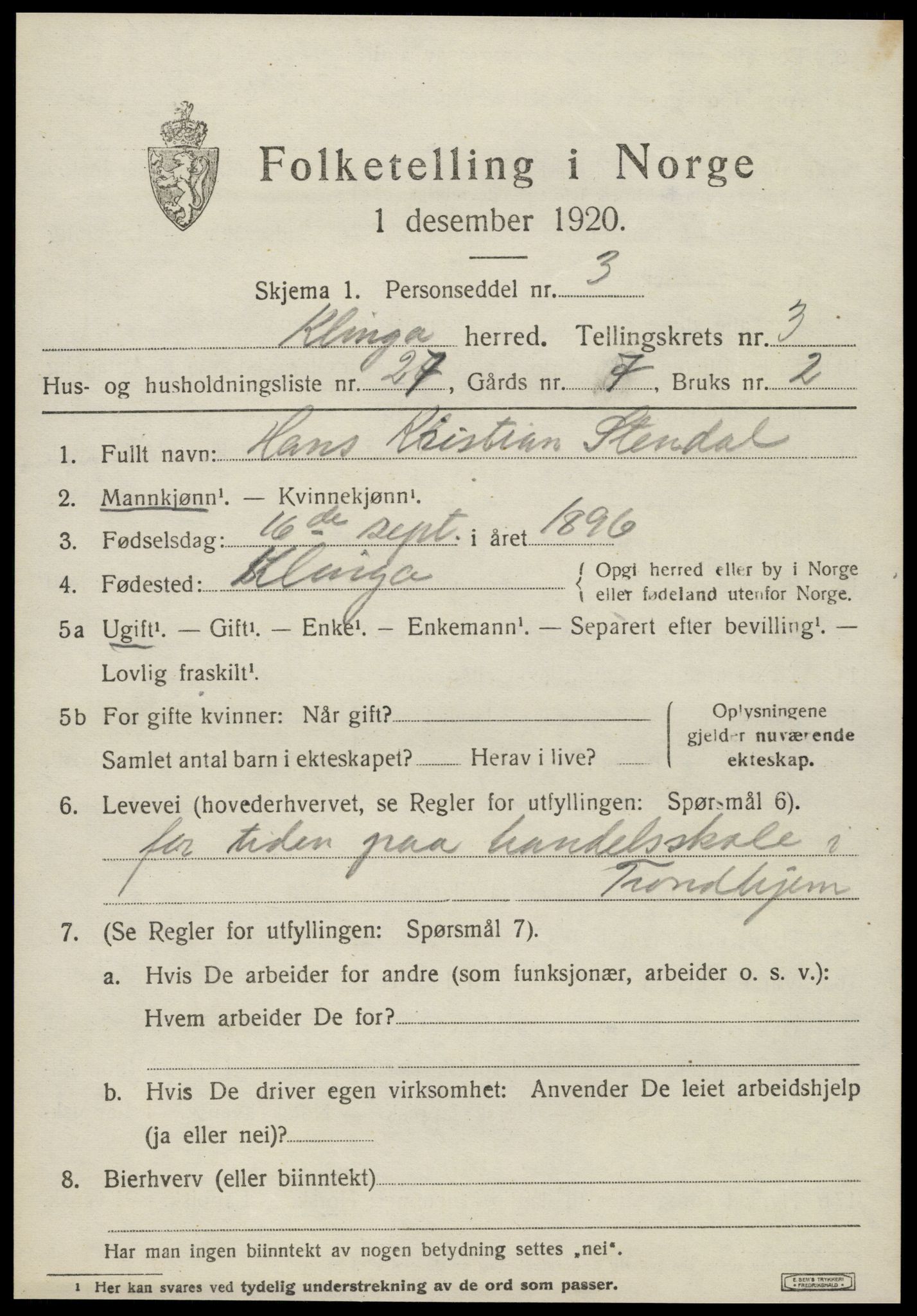 SAT, 1920 census for Klinga, 1920, p. 2391