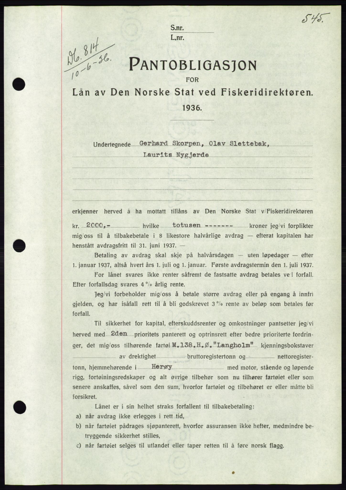 Søre Sunnmøre sorenskriveri, AV/SAT-A-4122/1/2/2C/L0060: Mortgage book no. 54, 1935-1936, Deed date: 10.06.1936