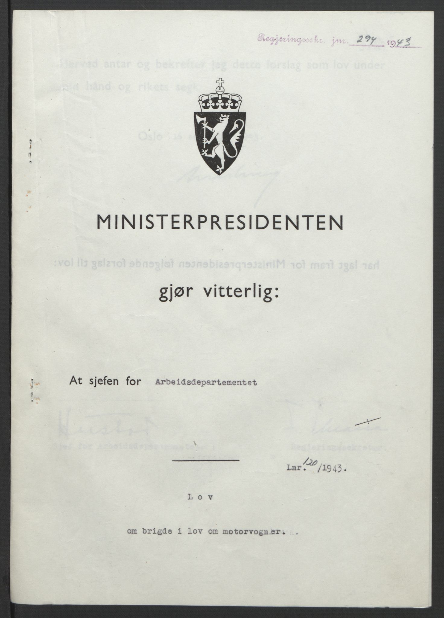 NS-administrasjonen 1940-1945 (Statsrådsekretariatet, de kommisariske statsråder mm), RA/S-4279/D/Db/L0099: Lover, 1943, p. 558