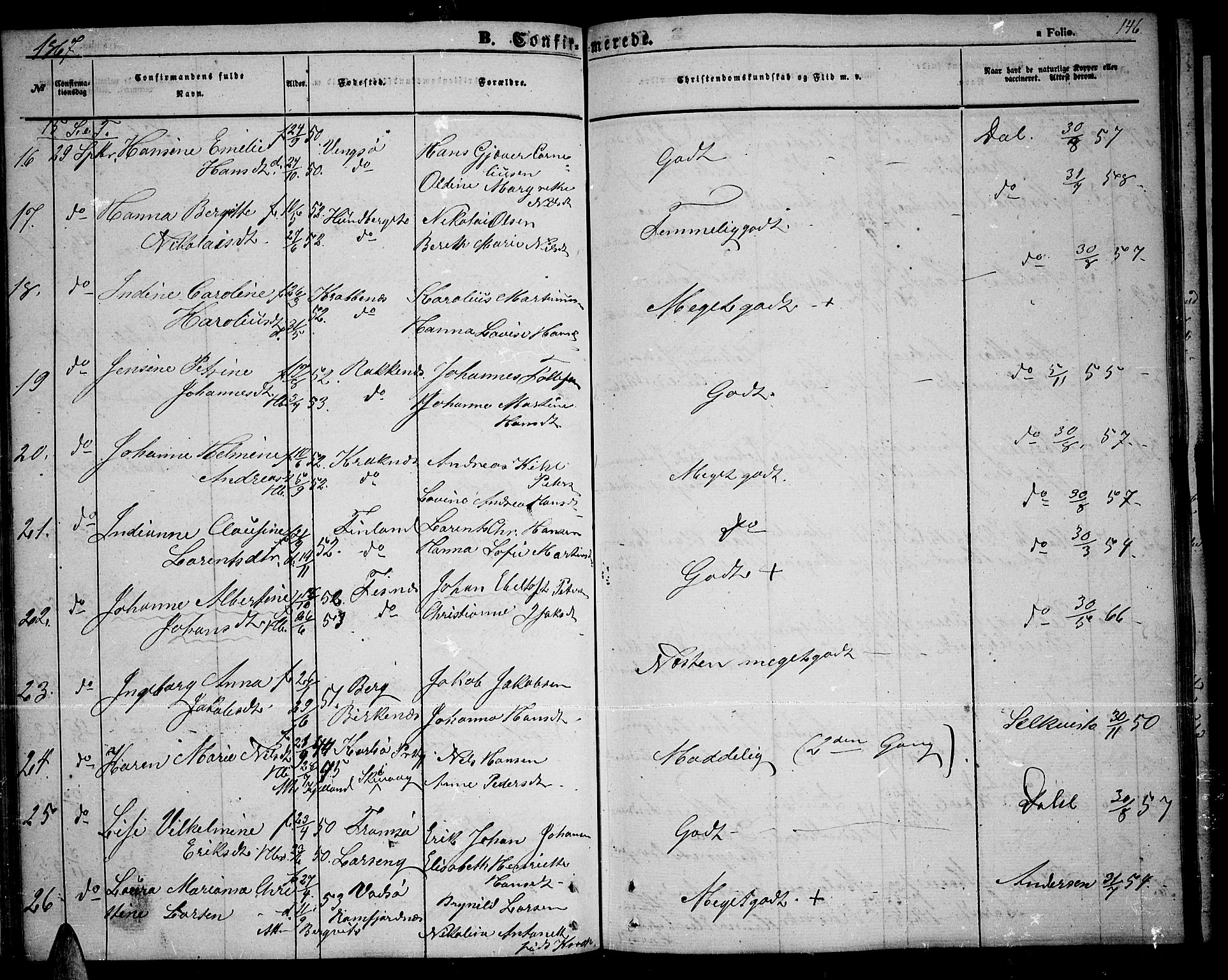 Tromsøysund sokneprestkontor, AV/SATØ-S-1304/G/Gb/L0001klokker: Parish register (copy) no. 1, 1857-1869, p. 146