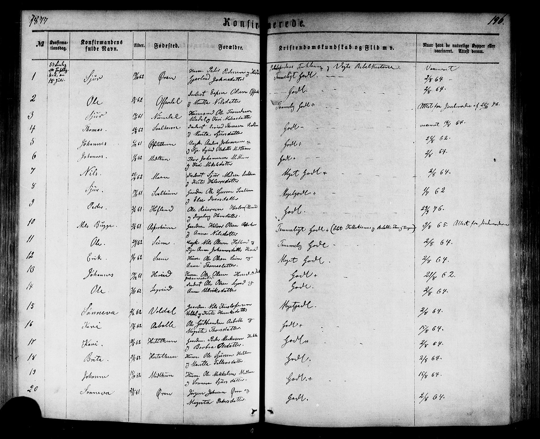 Årdal sokneprestembete, SAB/A-81701: Parish register (official) no. A 3, 1863-1886, p. 196