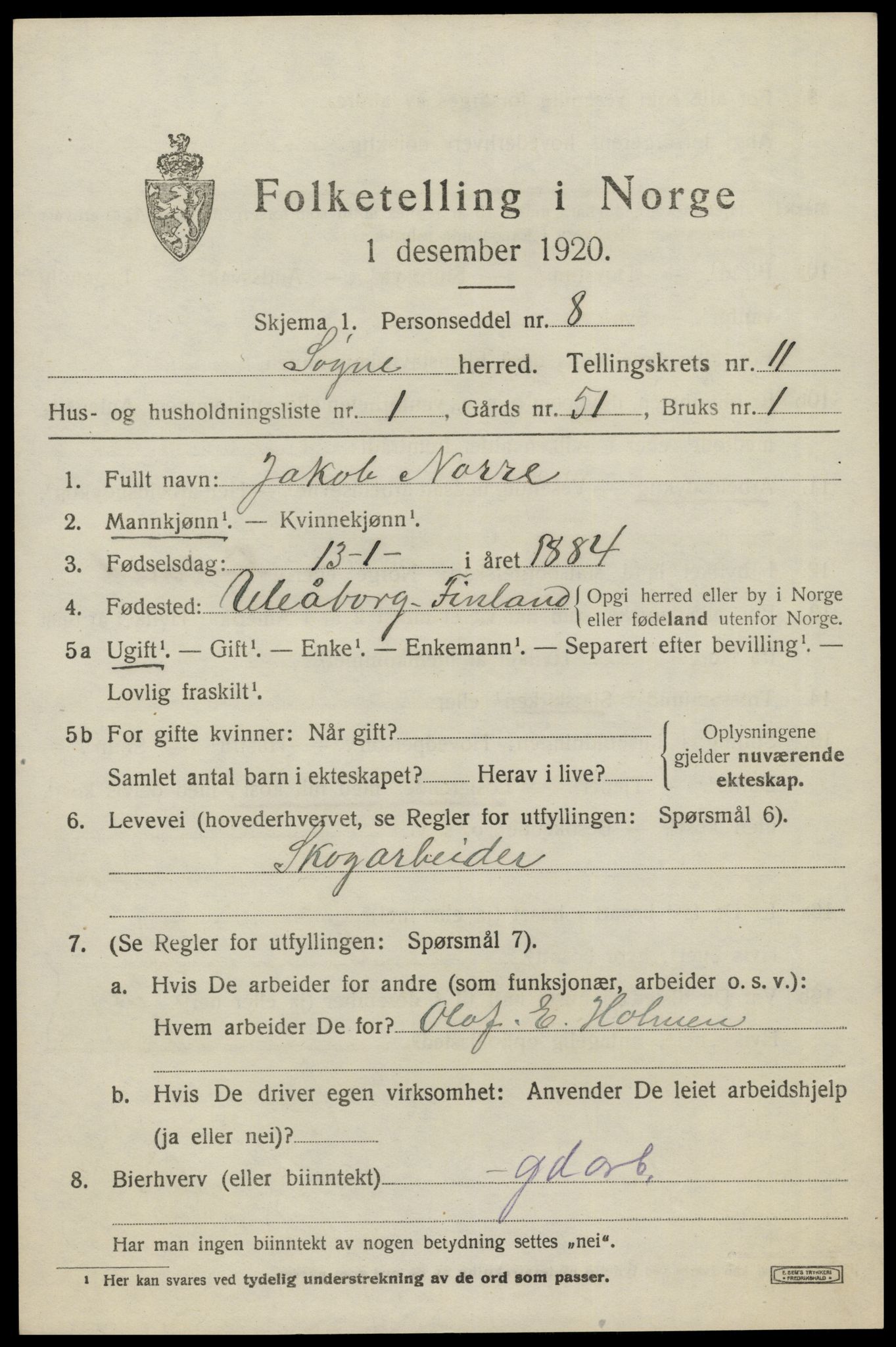 SAK, 1920 census for Søgne, 1920, p. 5613