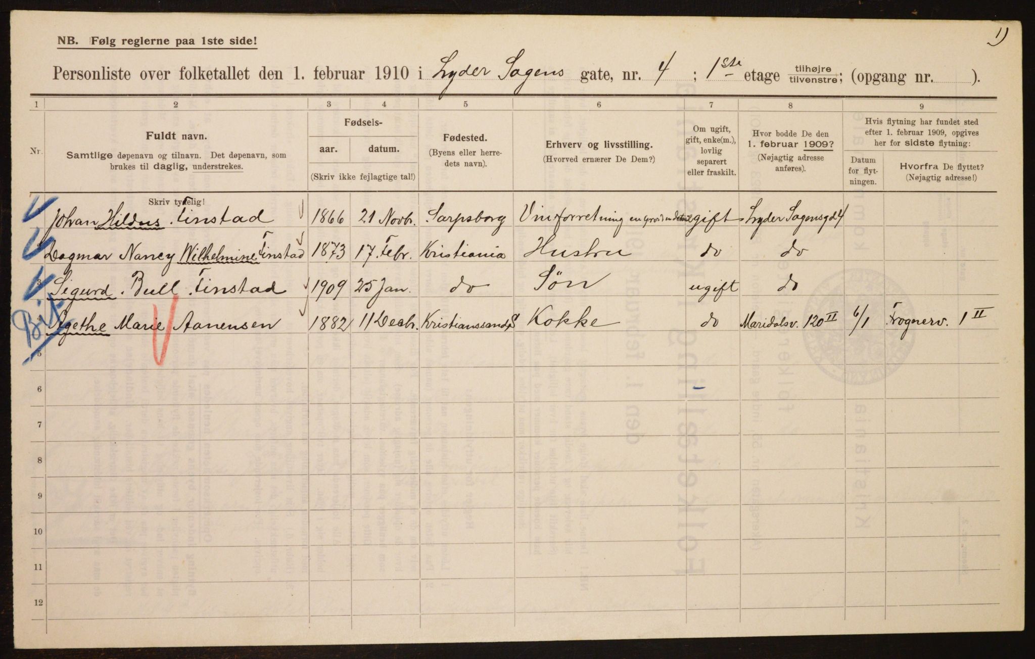 OBA, Municipal Census 1910 for Kristiania, 1910, p. 56451