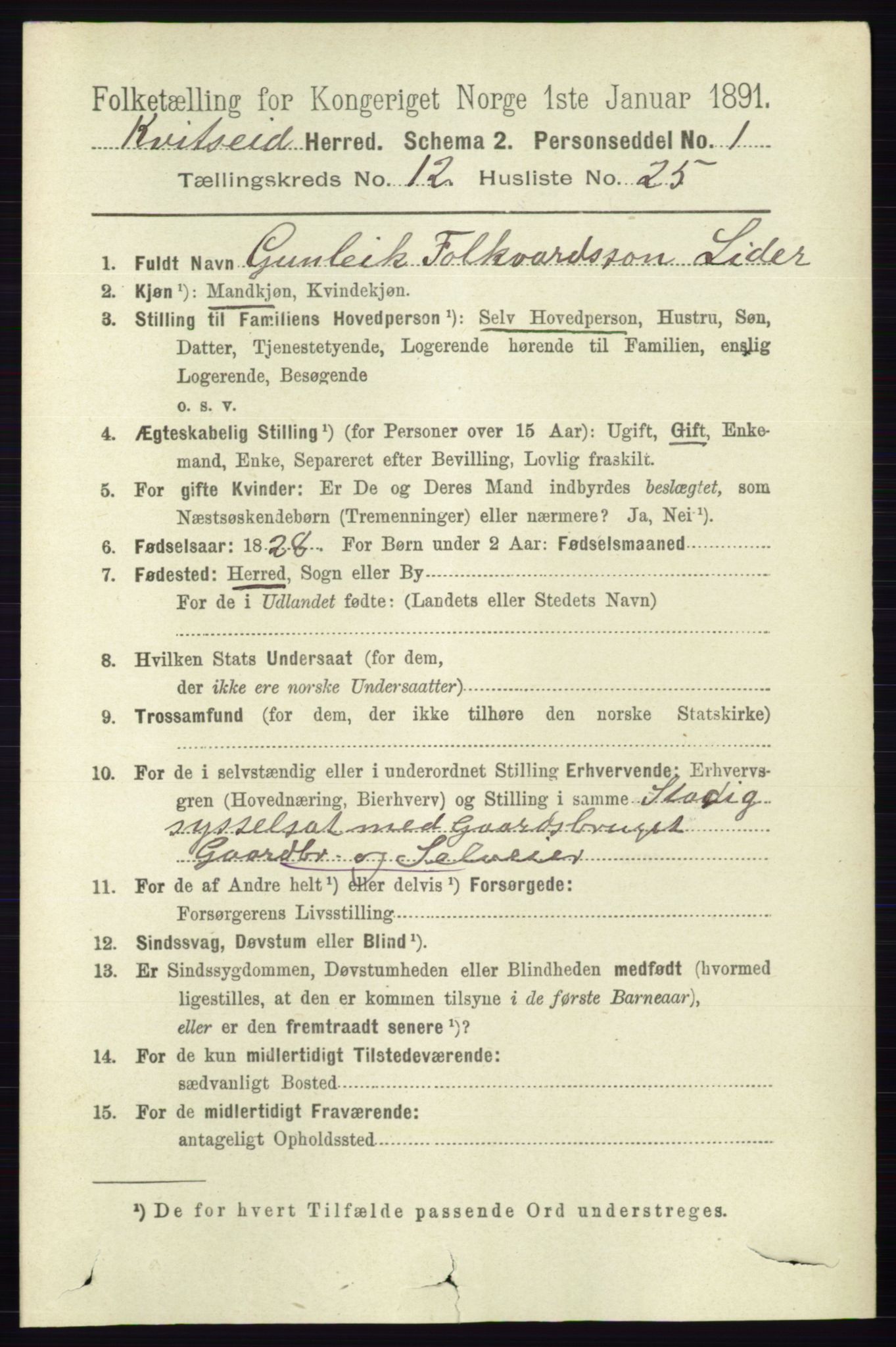 RA, 1891 census for 0829 Kviteseid, 1891, p. 3026