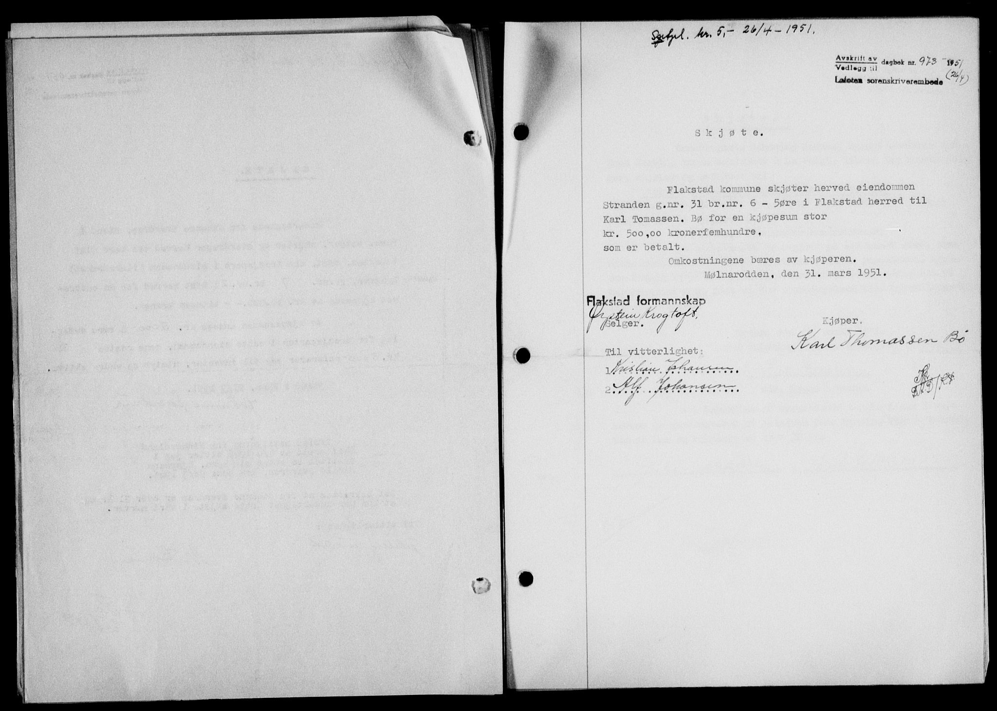 Lofoten sorenskriveri, SAT/A-0017/1/2/2C/L0025a: Mortgage book no. 25a, 1950-1951, Diary no: : 973/1951