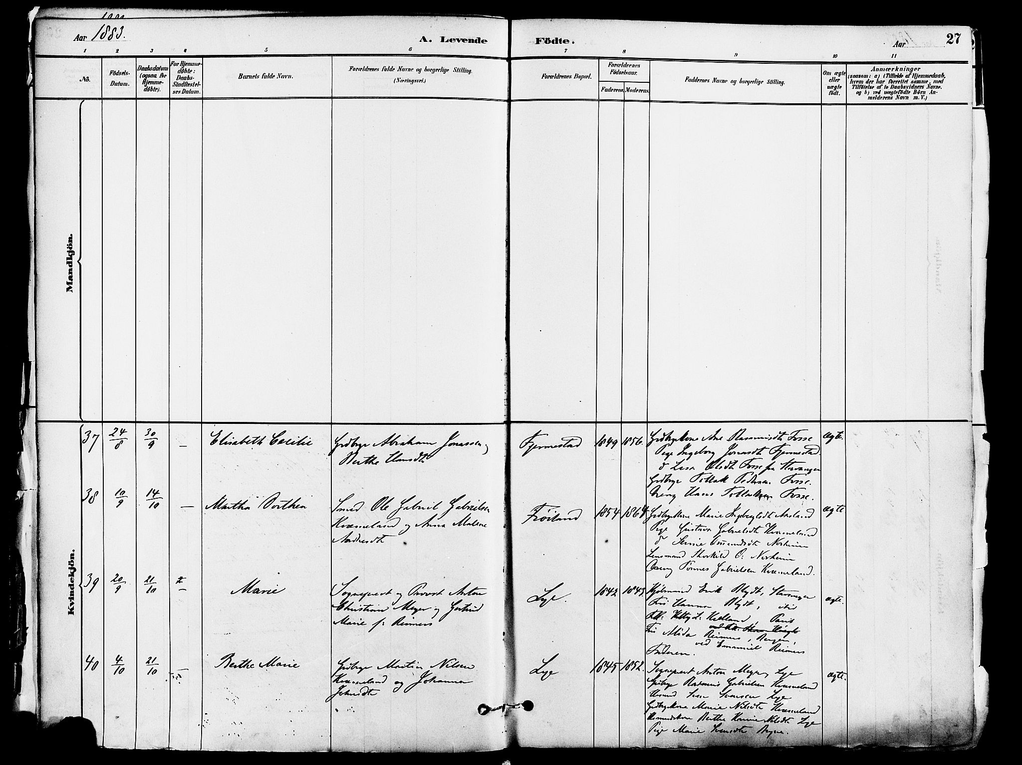 Lye sokneprestkontor, AV/SAST-A-101794/001/30BA/L0009: Parish register (official) no. A 8, 1881-1892, p. 27