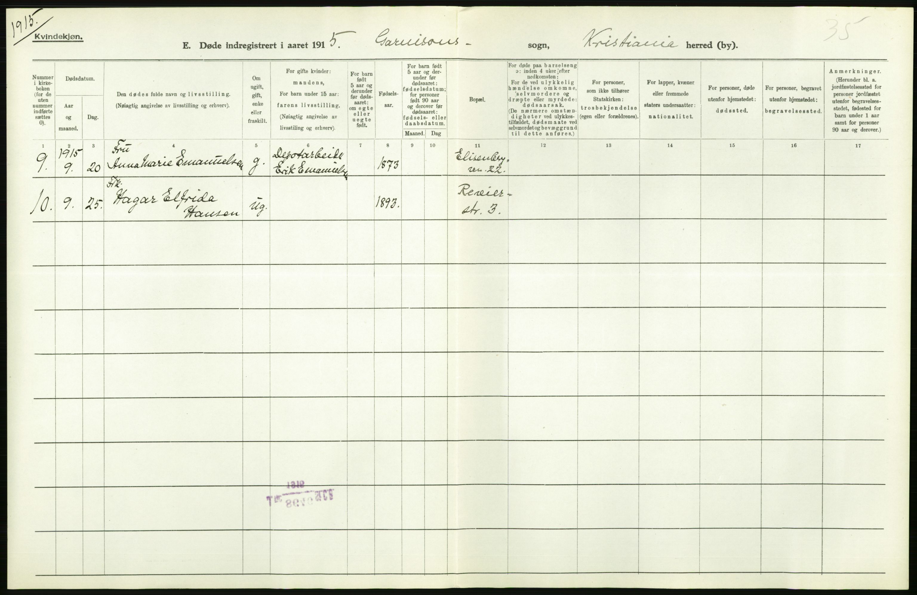 Statistisk sentralbyrå, Sosiodemografiske emner, Befolkning, AV/RA-S-2228/D/Df/Dfb/Dfbe/L0010: Kristiania: Døde, dødfødte., 1915, p. 332