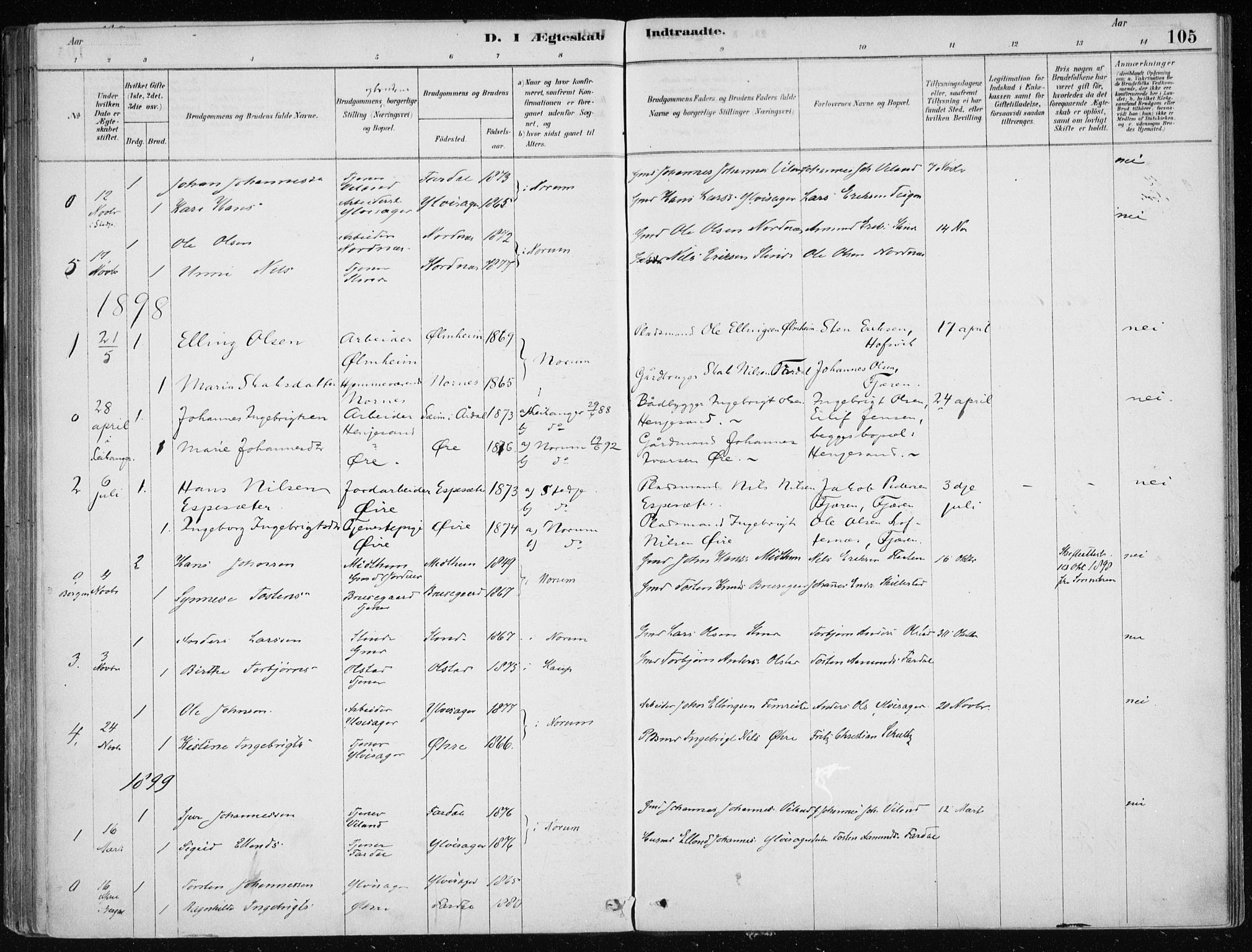 Sogndal sokneprestembete, SAB/A-81301/H/Haa/Haac/L0001: Parish register (official) no. C 1, 1878-1907, p. 105