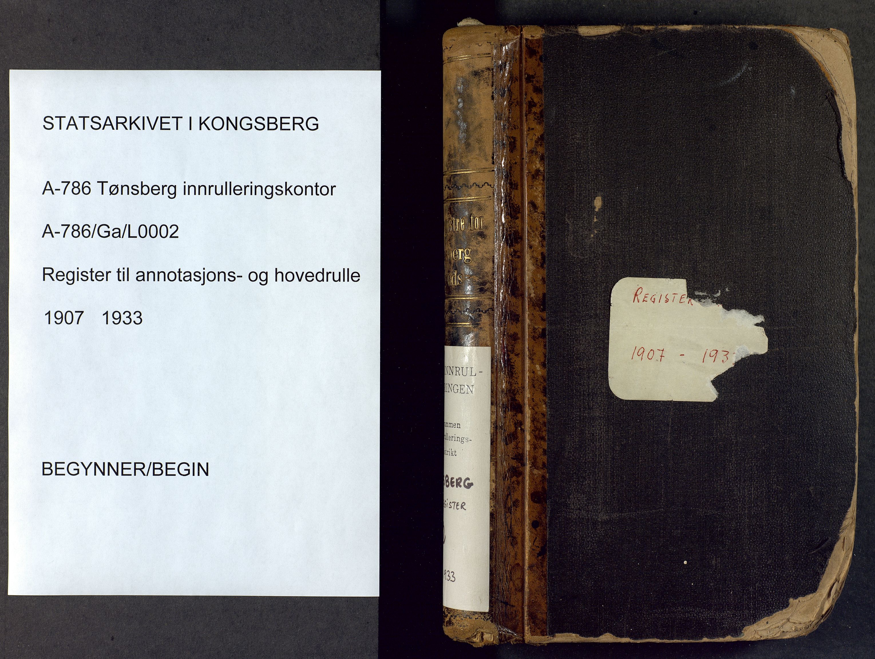 Tønsberg innrulleringskontor, SAKO/A-786/G/Ga/L0002: Register til annotasjons- og hovedrulle, 1907-1933, p. 1