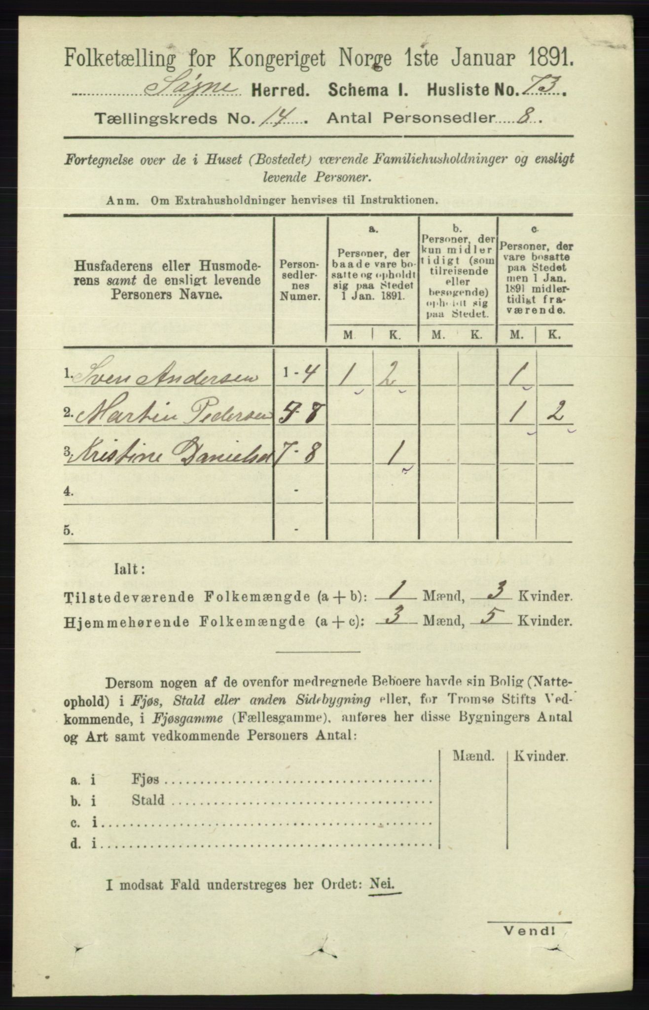 RA, 1891 census for 1018 Søgne, 1891, p. 3399