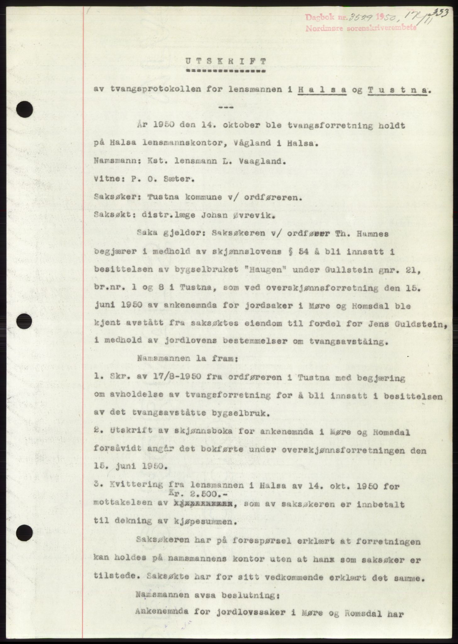 Nordmøre sorenskriveri, AV/SAT-A-4132/1/2/2Ca: Mortgage book no. B106, 1950-1950, Diary no: : 3529/1950