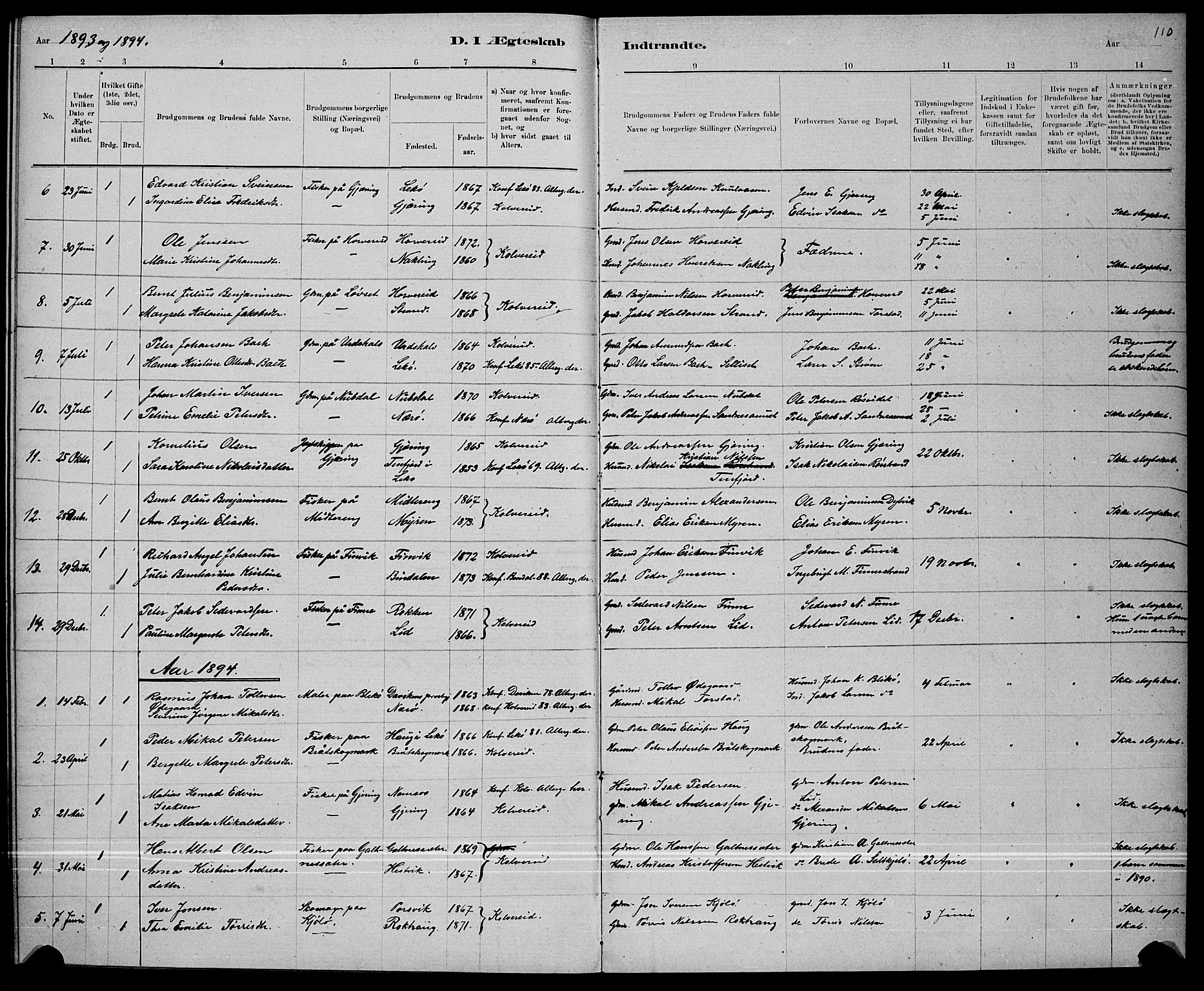Ministerialprotokoller, klokkerbøker og fødselsregistre - Nord-Trøndelag, SAT/A-1458/780/L0651: Parish register (copy) no. 780C03, 1884-1898, p. 110