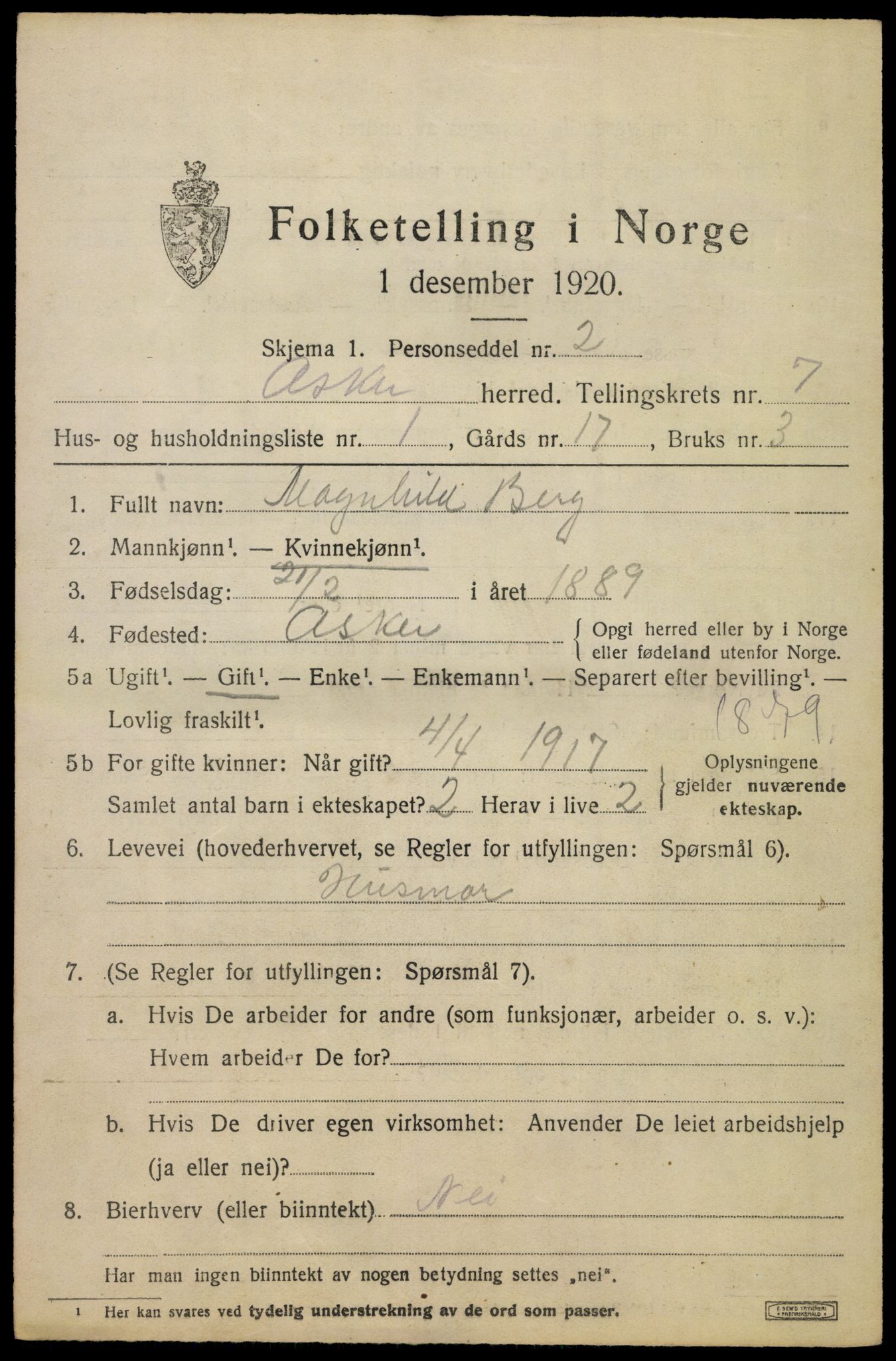 SAO, 1920 census for Asker, 1920, p. 16400