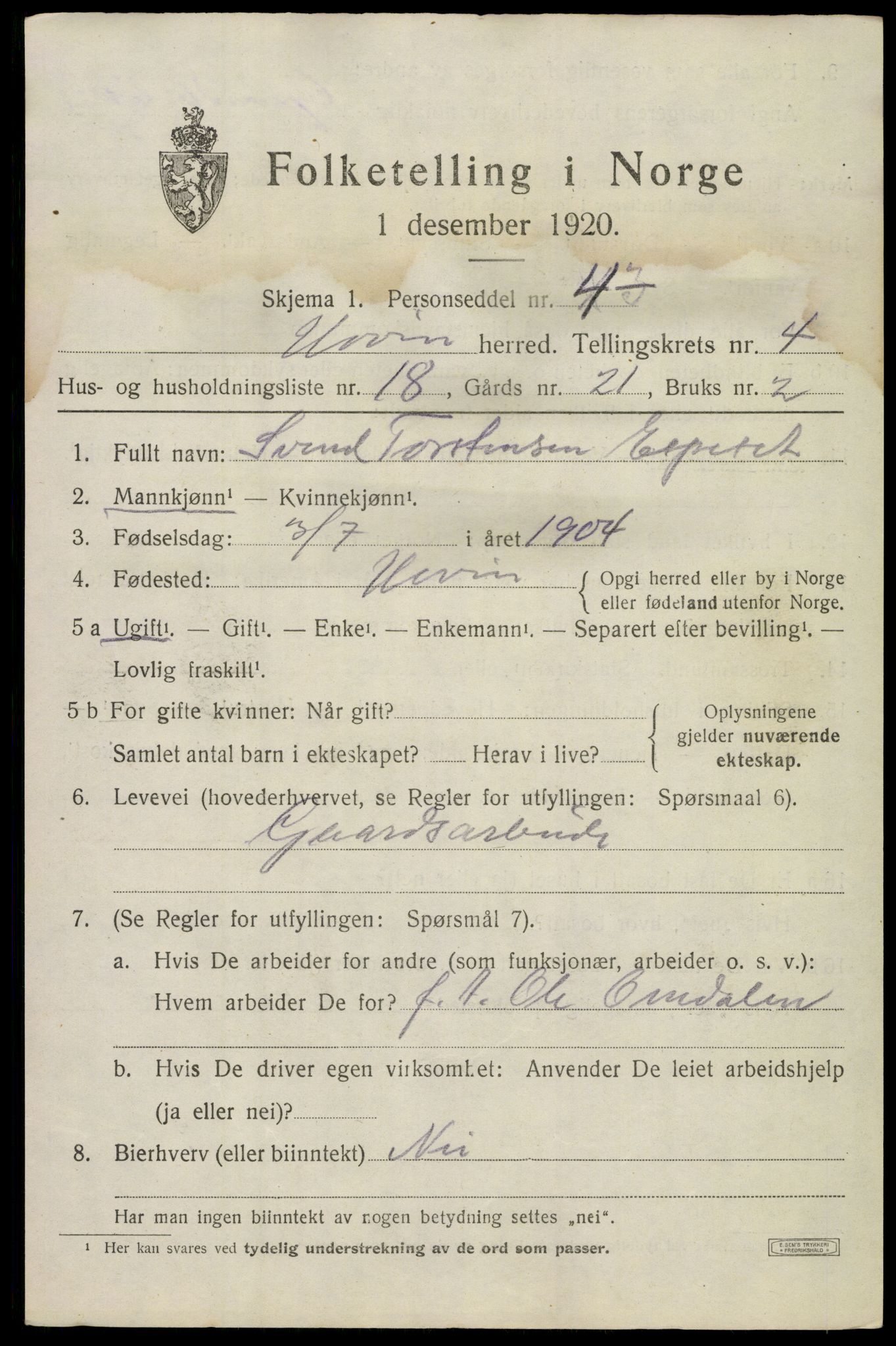 SAKO, 1920 census for Hovin, 1920, p. 1319