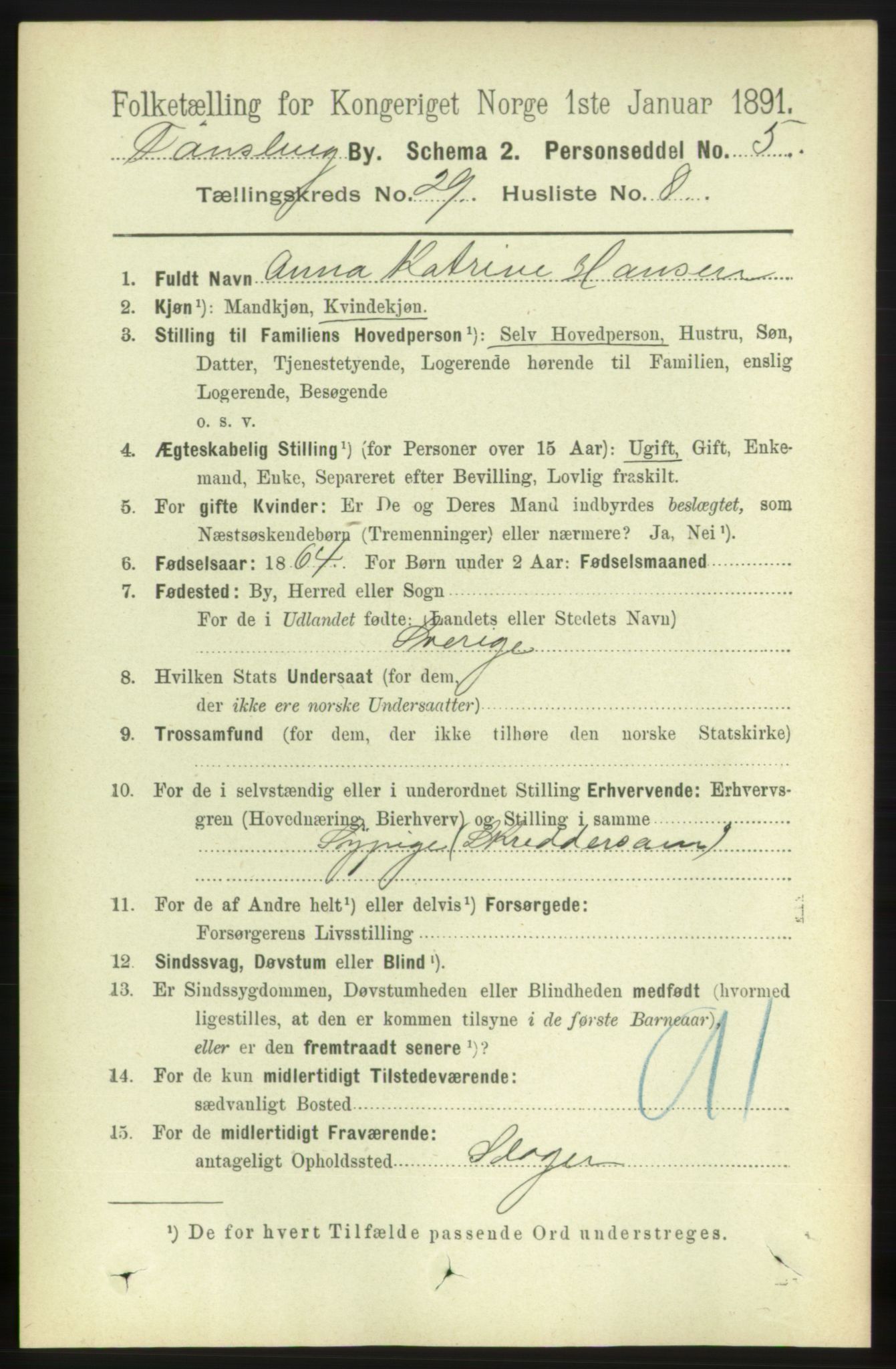 RA, 1891 census for 0705 Tønsberg, 1891, p. 7167