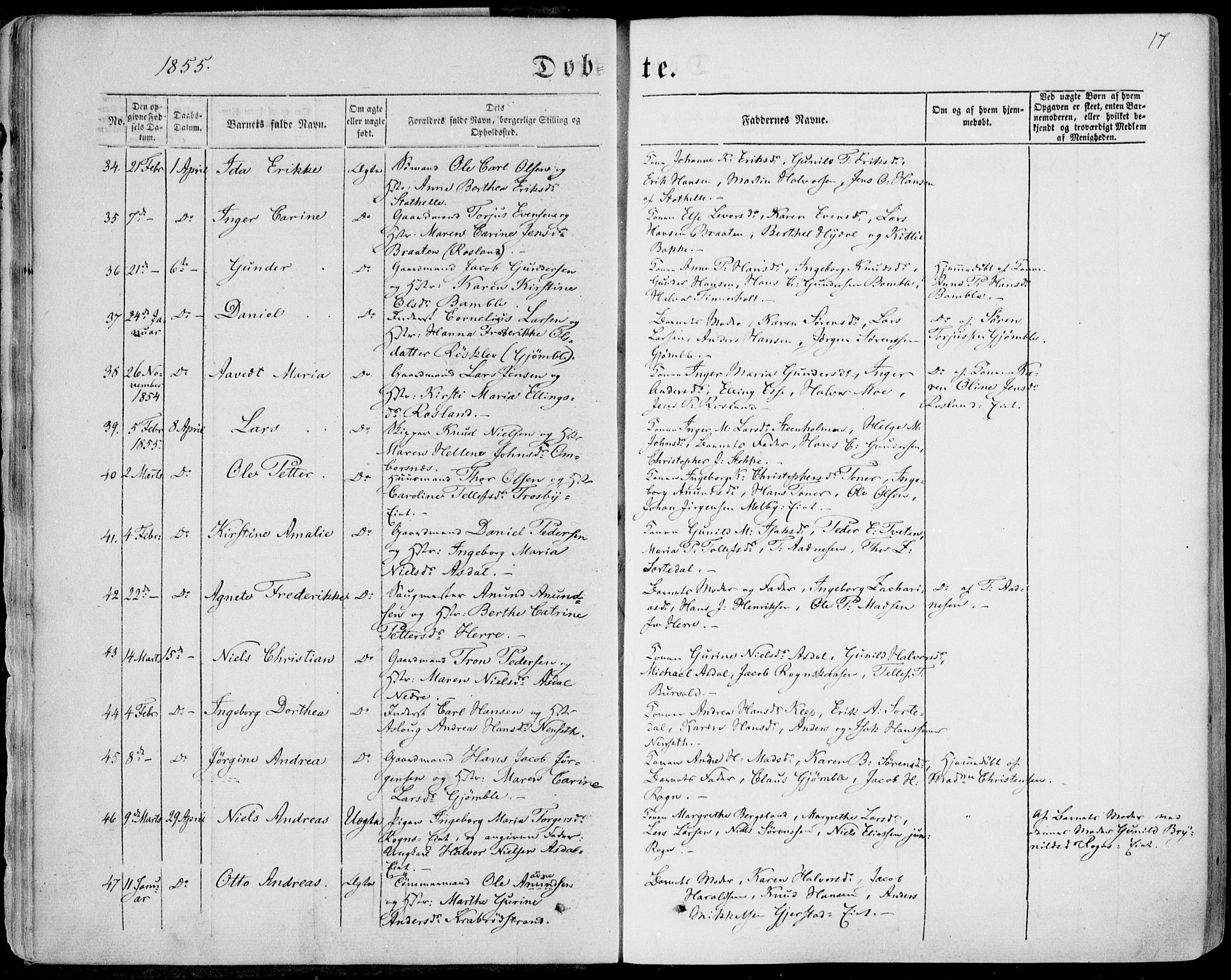 Bamble kirkebøker, AV/SAKO-A-253/F/Fa/L0005: Parish register (official) no. I 5, 1854-1869, p. 17