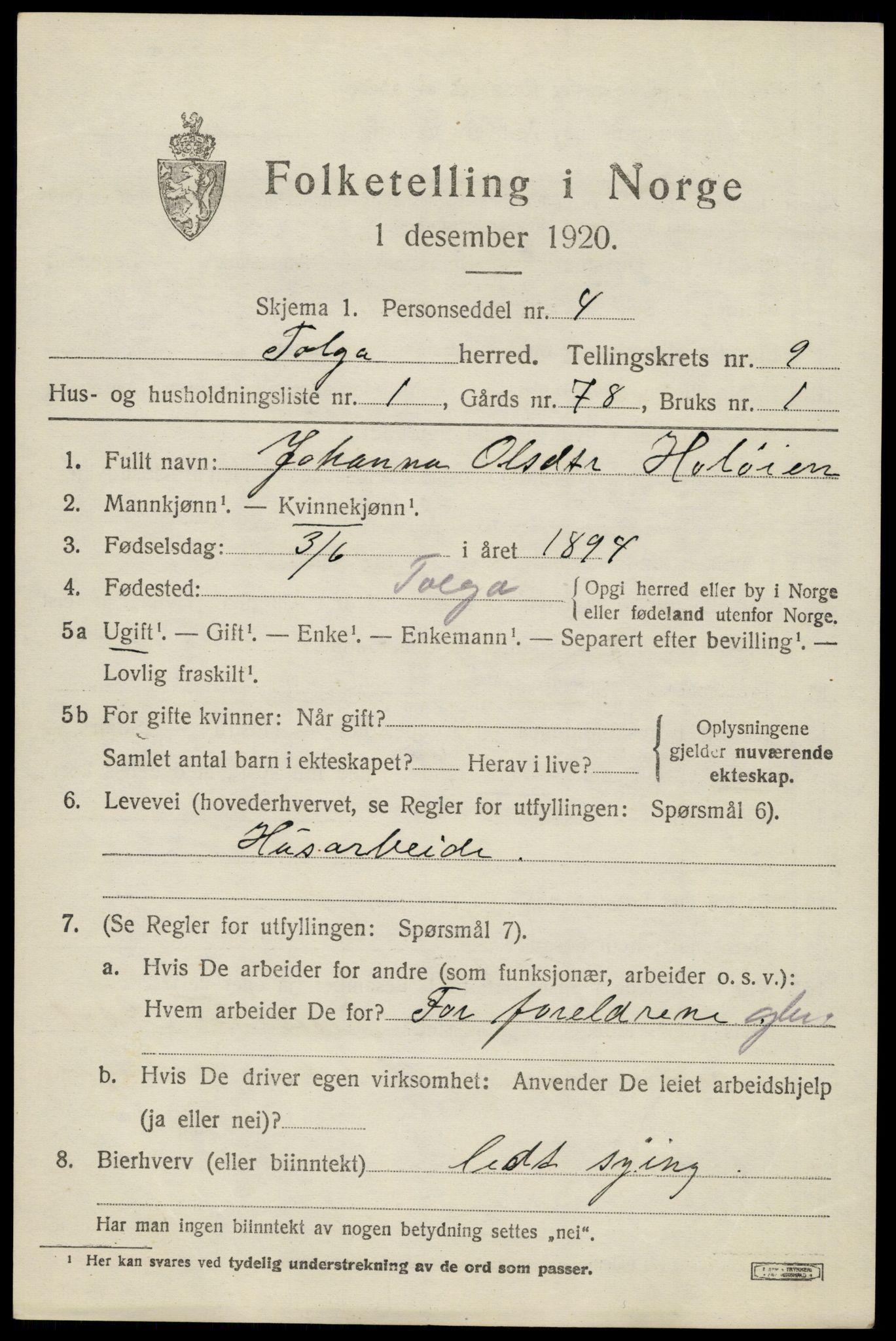 SAH, 1920 census for Tolga, 1920, p. 4667