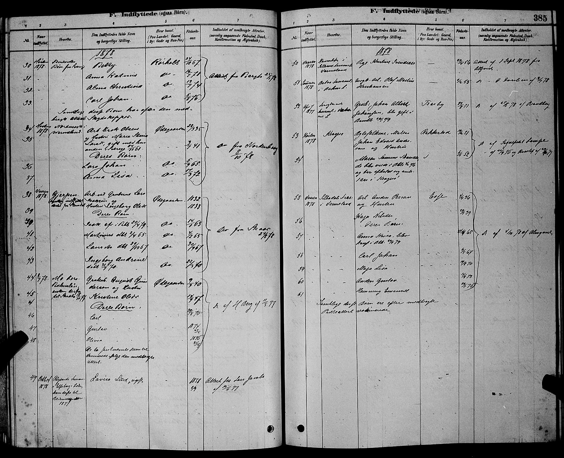 Bamble kirkebøker, SAKO/A-253/G/Ga/L0008: Parish register (copy) no. I 8, 1878-1888, p. 385