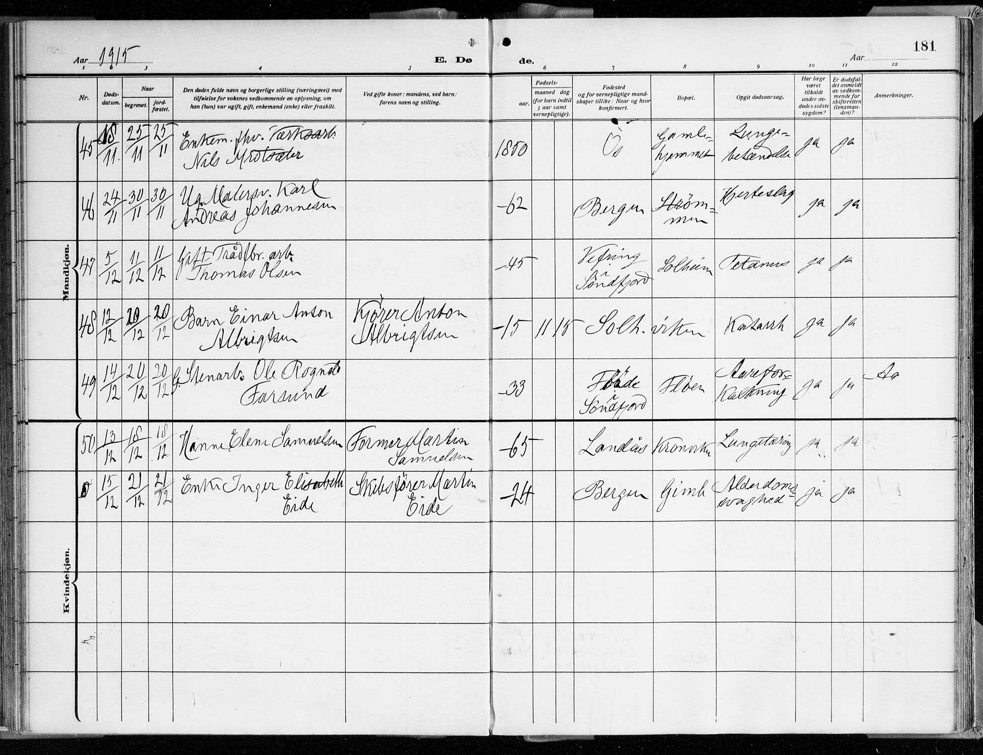 Årstad Sokneprestembete, SAB/A-79301/H/Haa/L0003: Parish register (official) no. A 3, 1914-1919, p. 181