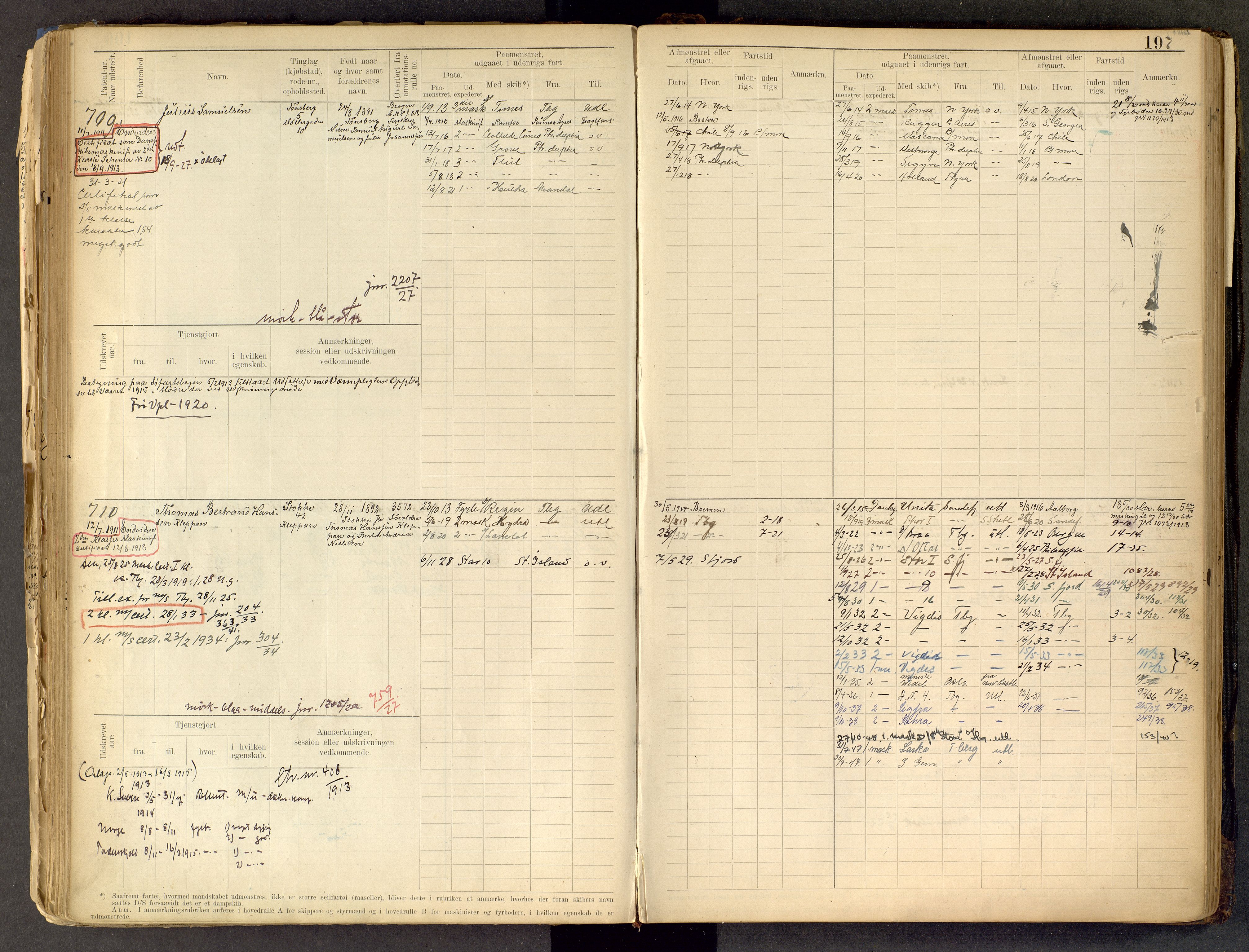 Tønsberg innrulleringskontor, AV/SAKO-A-786/F/Fe/L0002: Maskinist- og fyrbøterrulle Patent nr. 315-1110, 1902-1924, p. 197