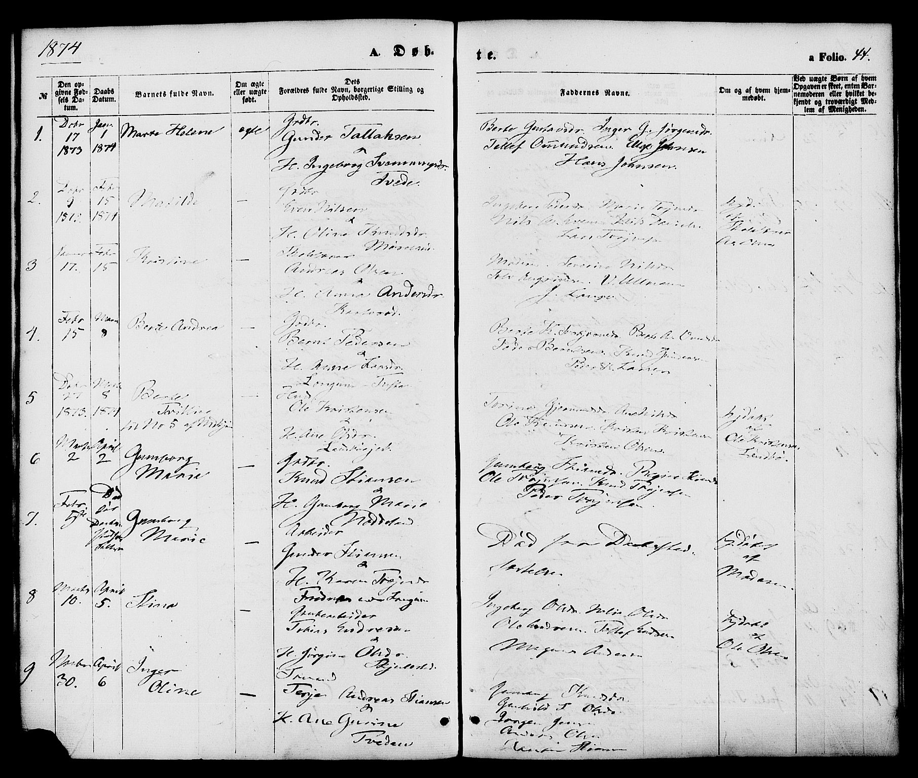 Austre Moland sokneprestkontor, AV/SAK-1111-0001/F/Fa/Faa/L0009: Parish register (official) no. A 9, 1869-1879, p. 44