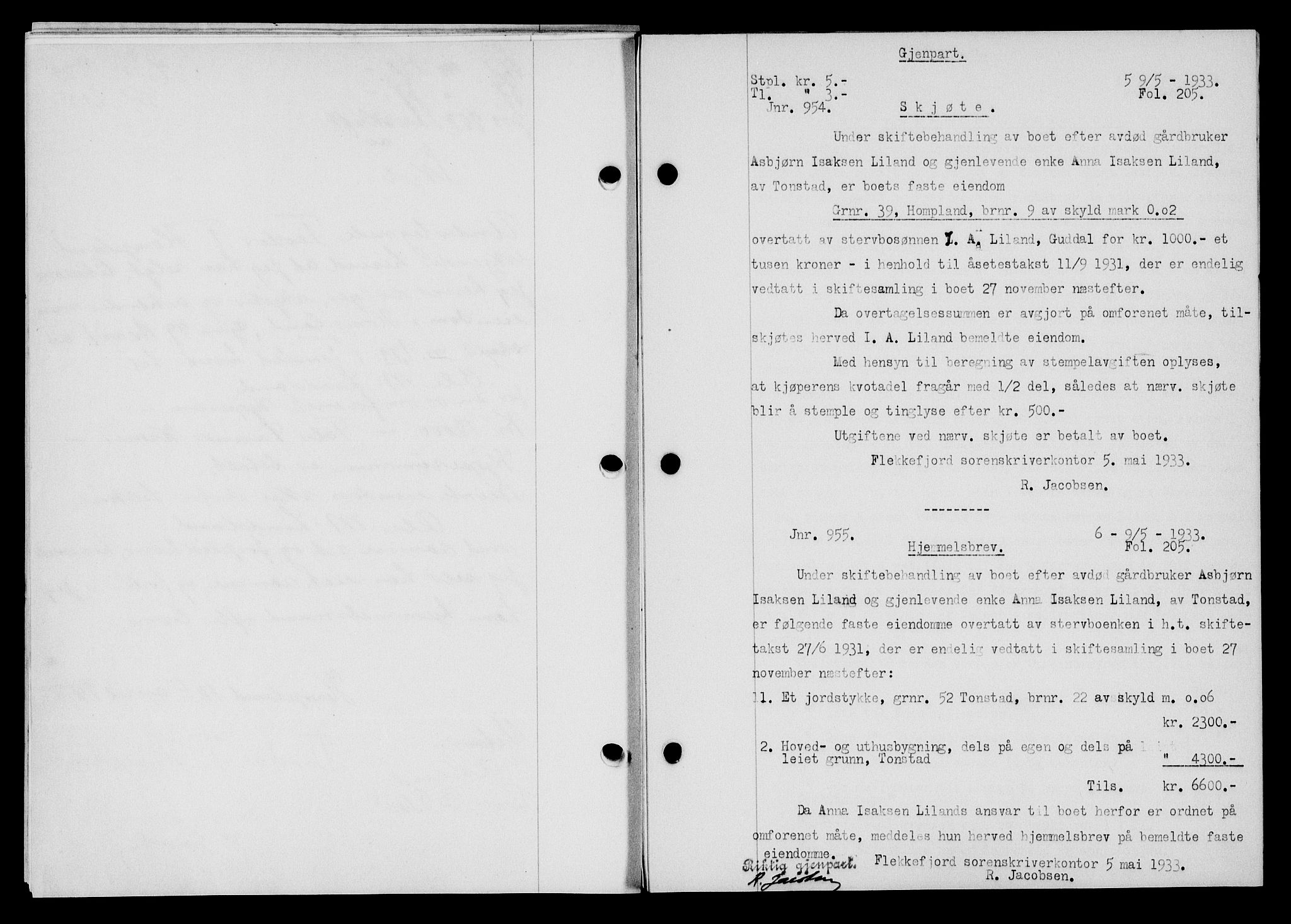 Flekkefjord sorenskriveri, SAK/1221-0001/G/Gb/Gba/L0049: Mortgage book no. 46, 1933-1934, Deed date: 09.05.1933
