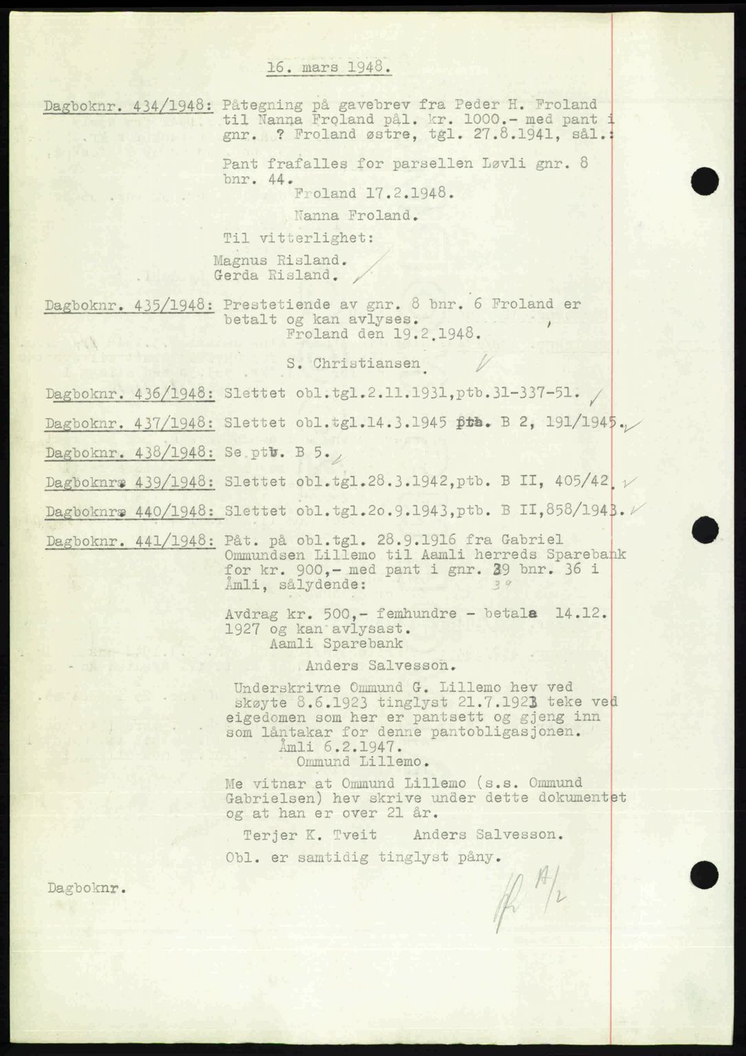 Nedenes sorenskriveri, SAK/1221-0006/G/Gb/Gba/L0059: Mortgage book no. A11, 1948-1948, Diary no: : 434/1948