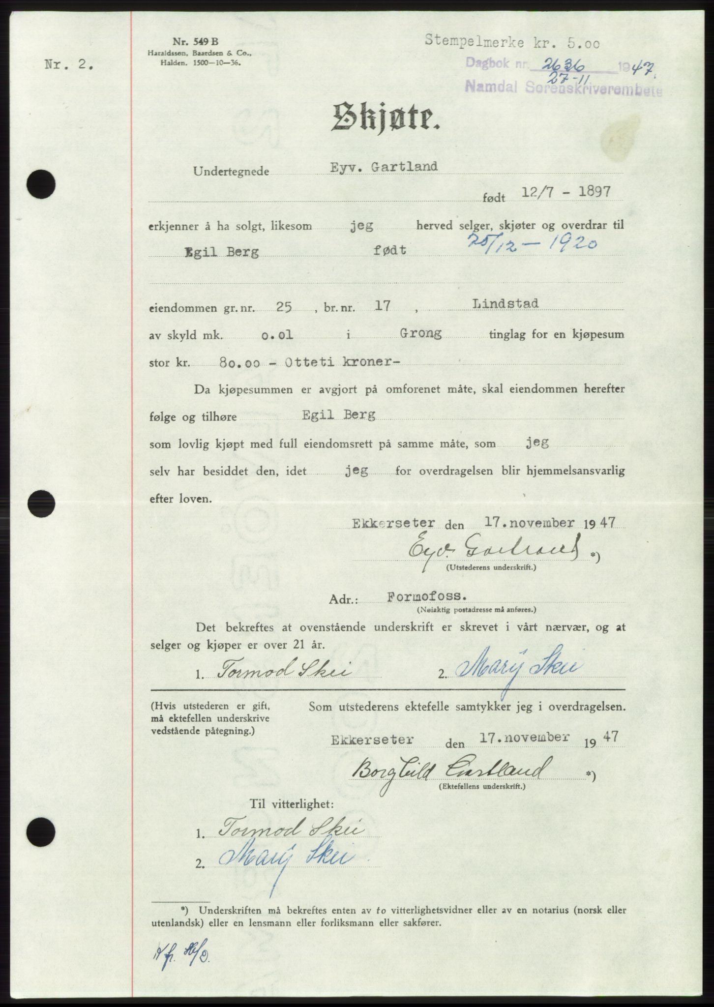 Namdal sorenskriveri, SAT/A-4133/1/2/2C: Mortgage book no. -, 1947-1948, Diary no: : 2636/1947