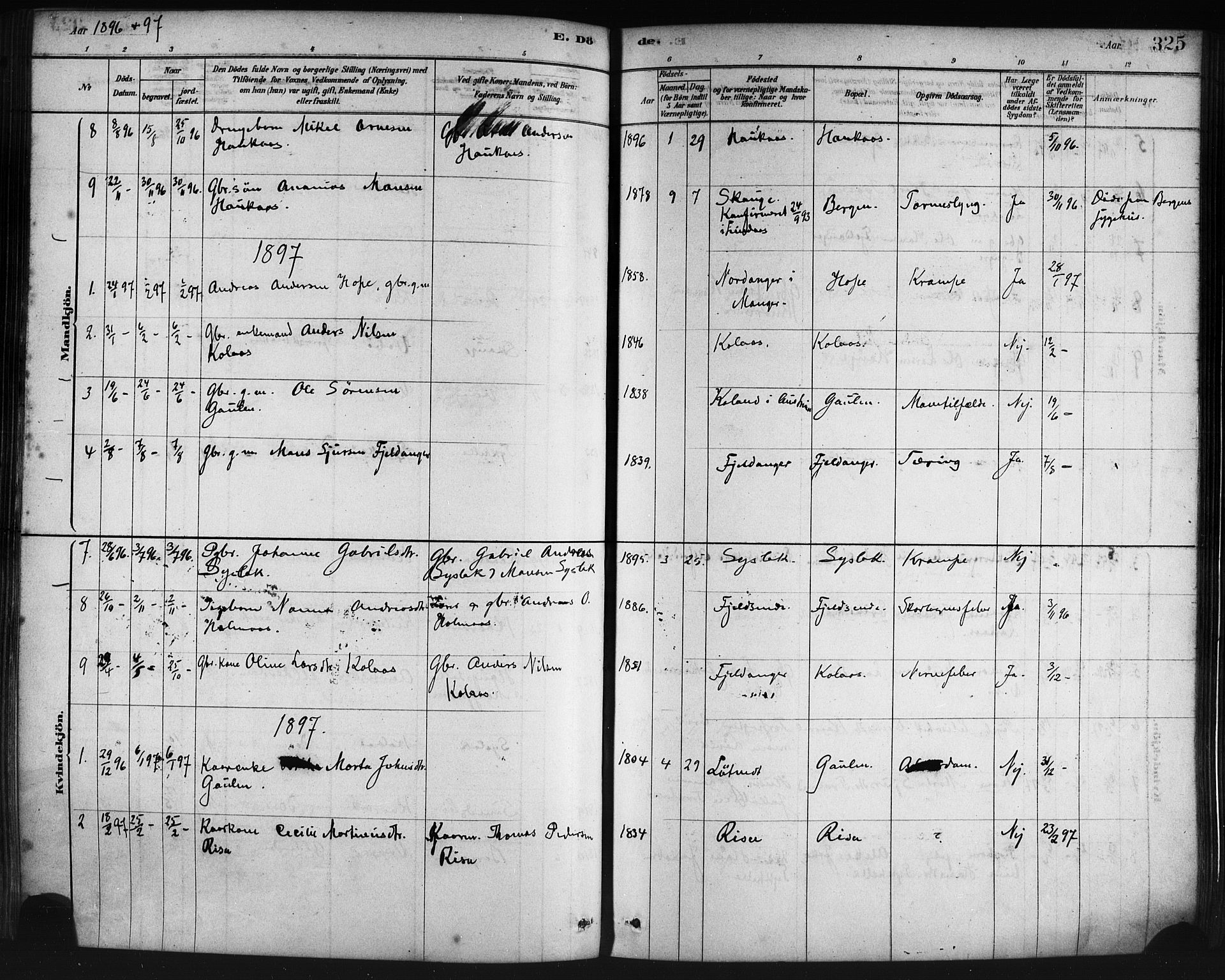 Lindås Sokneprestembete, AV/SAB-A-76701/H/Haa/Haaa/L0019: Parish register (official) no. A 19, 1878-1912, p. 325