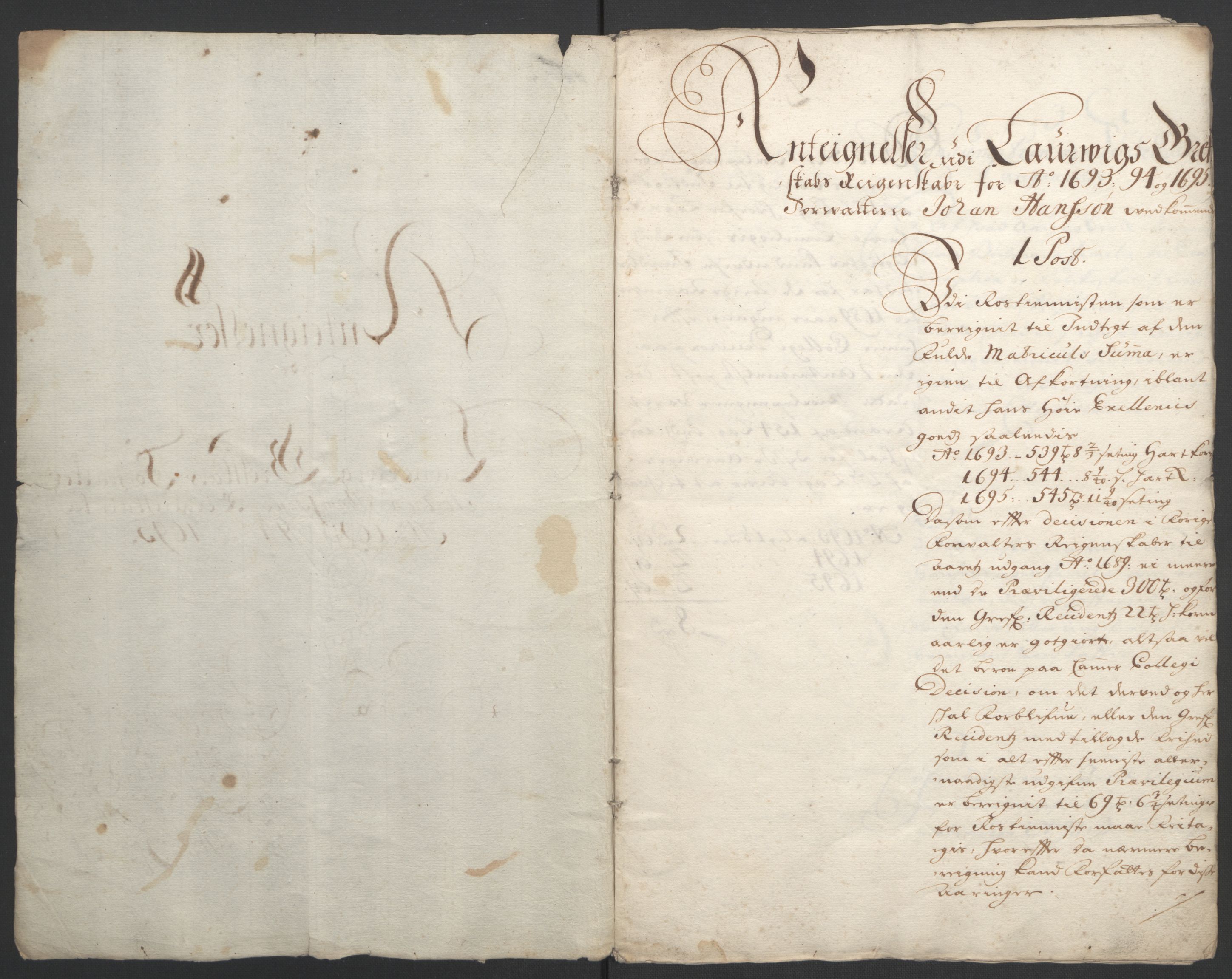 Rentekammeret inntil 1814, Reviderte regnskaper, Fogderegnskap, RA/EA-4092/R33/L1974: Fogderegnskap Larvik grevskap, 1693-1695, p. 302