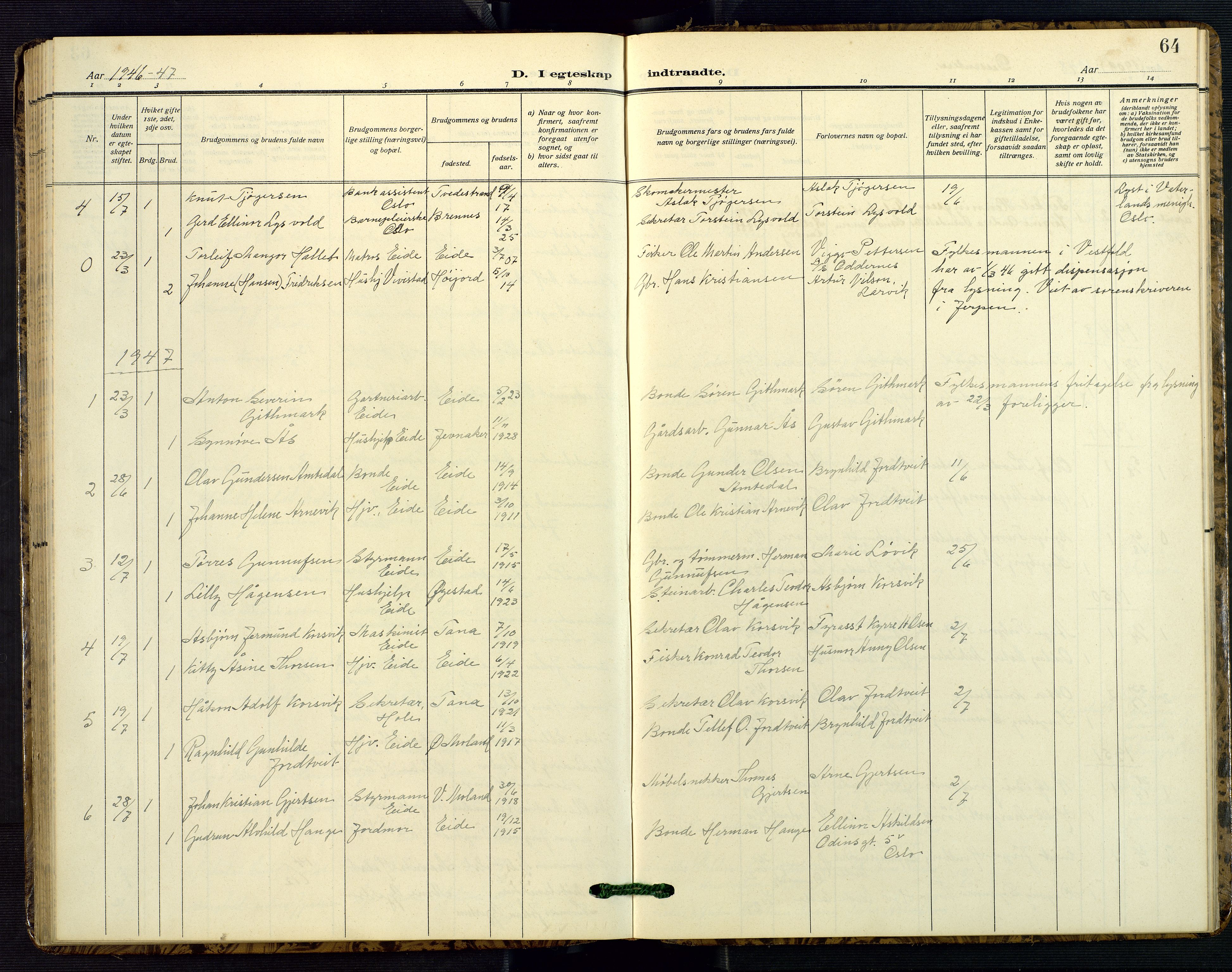 Hommedal sokneprestkontor, SAK/1111-0023/F/Fb/Fba/L0005: Parish register (copy) no. B 5, 1909-1957, p. 64