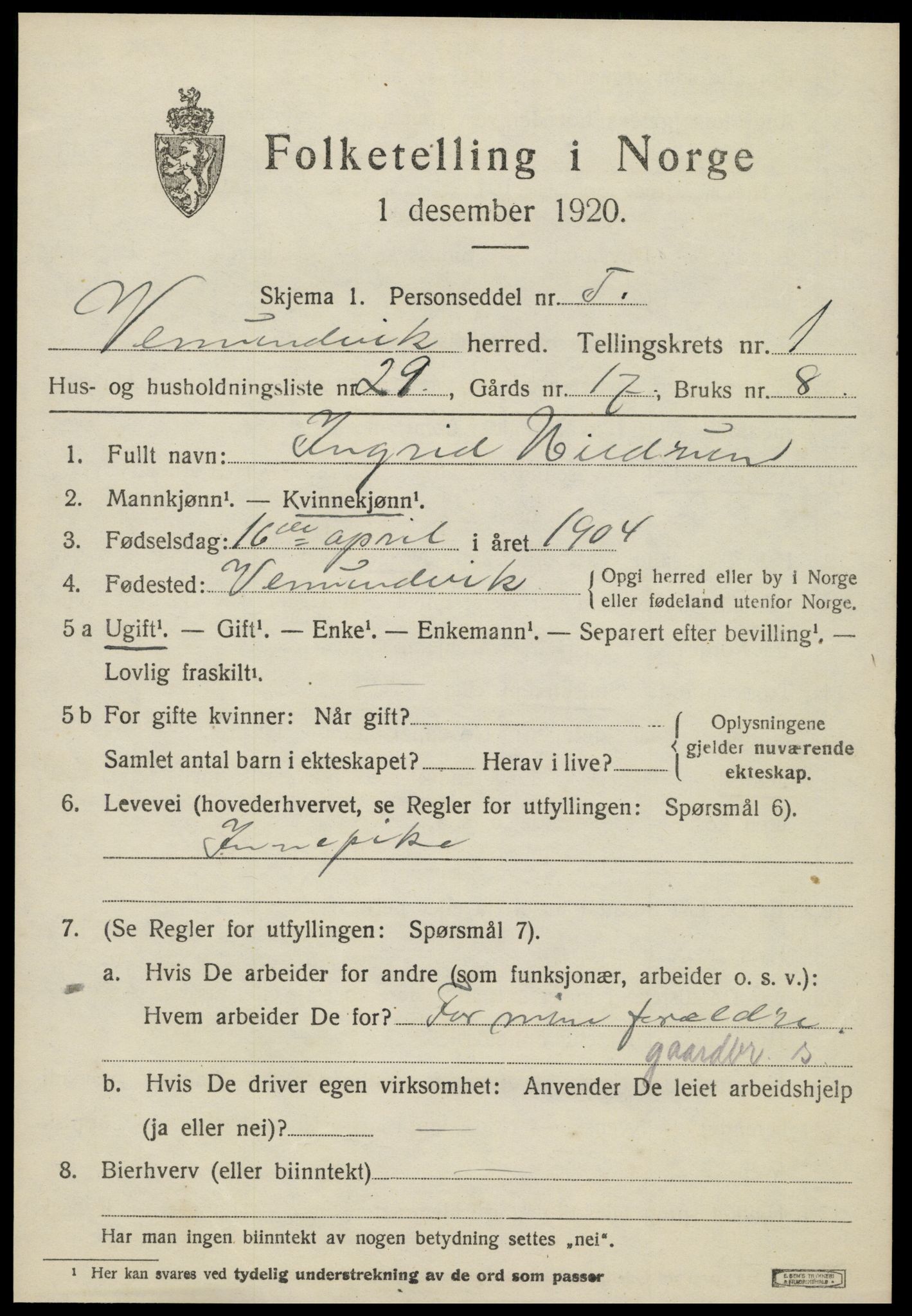 SAT, 1920 census for Vemundvik, 1920, p. 1151