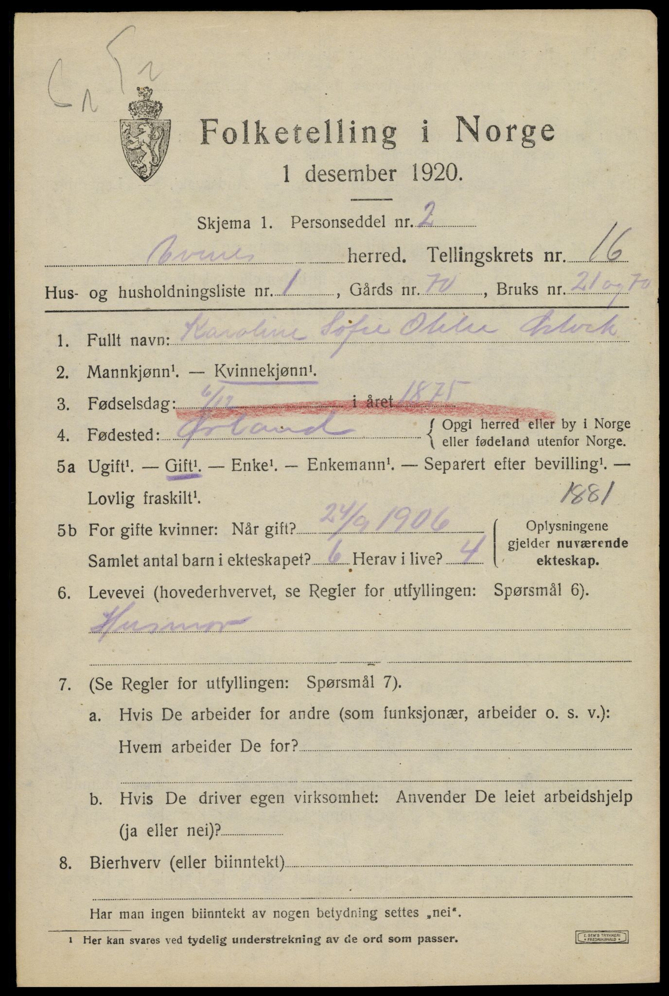 SAT, 1920 census for Evenes, 1920, p. 13184