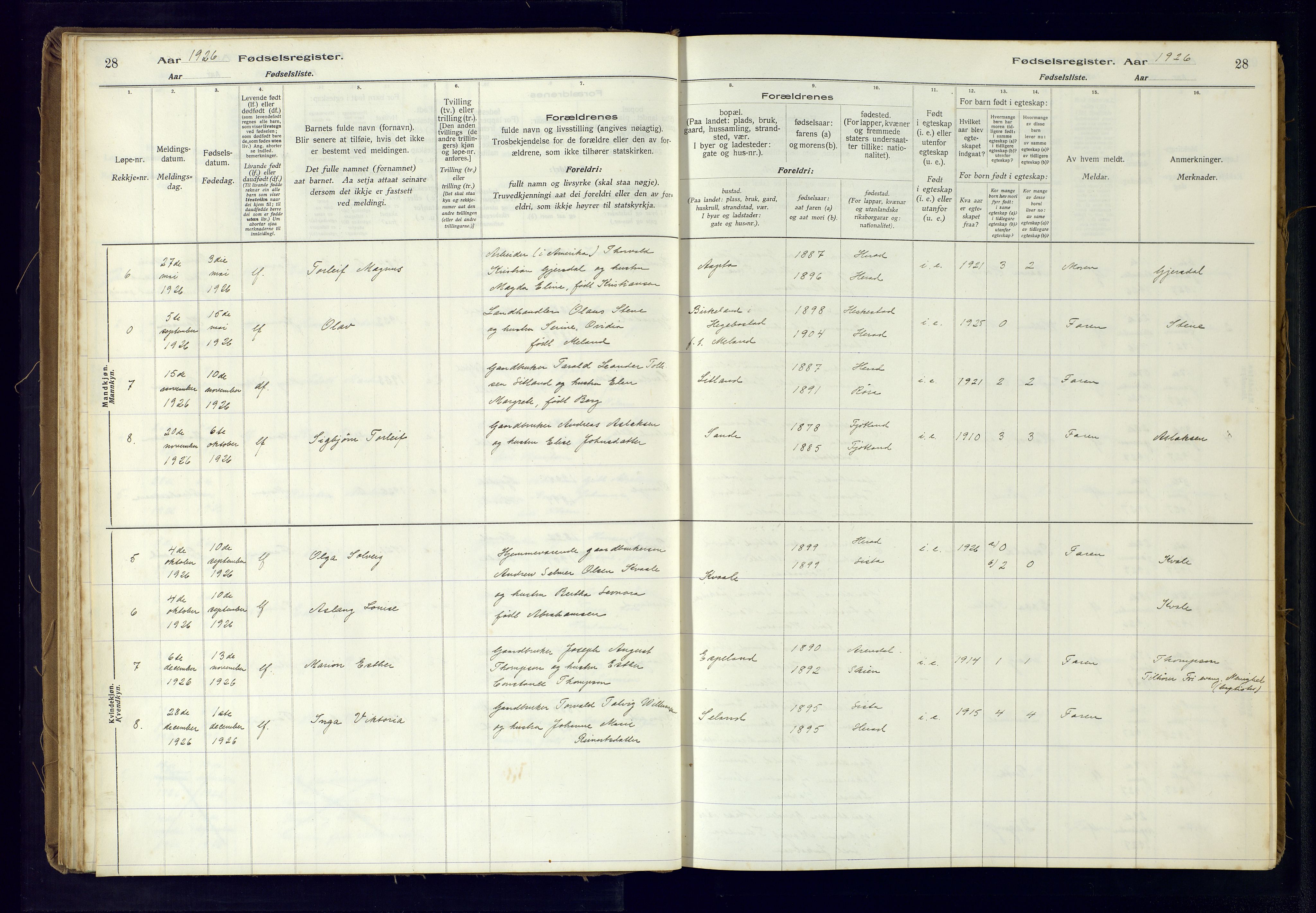 Herad sokneprestkontor, AV/SAK-1111-0018/J/Ja/L0001: Birth register no. A-VI-12, 1916-1981, p. 28