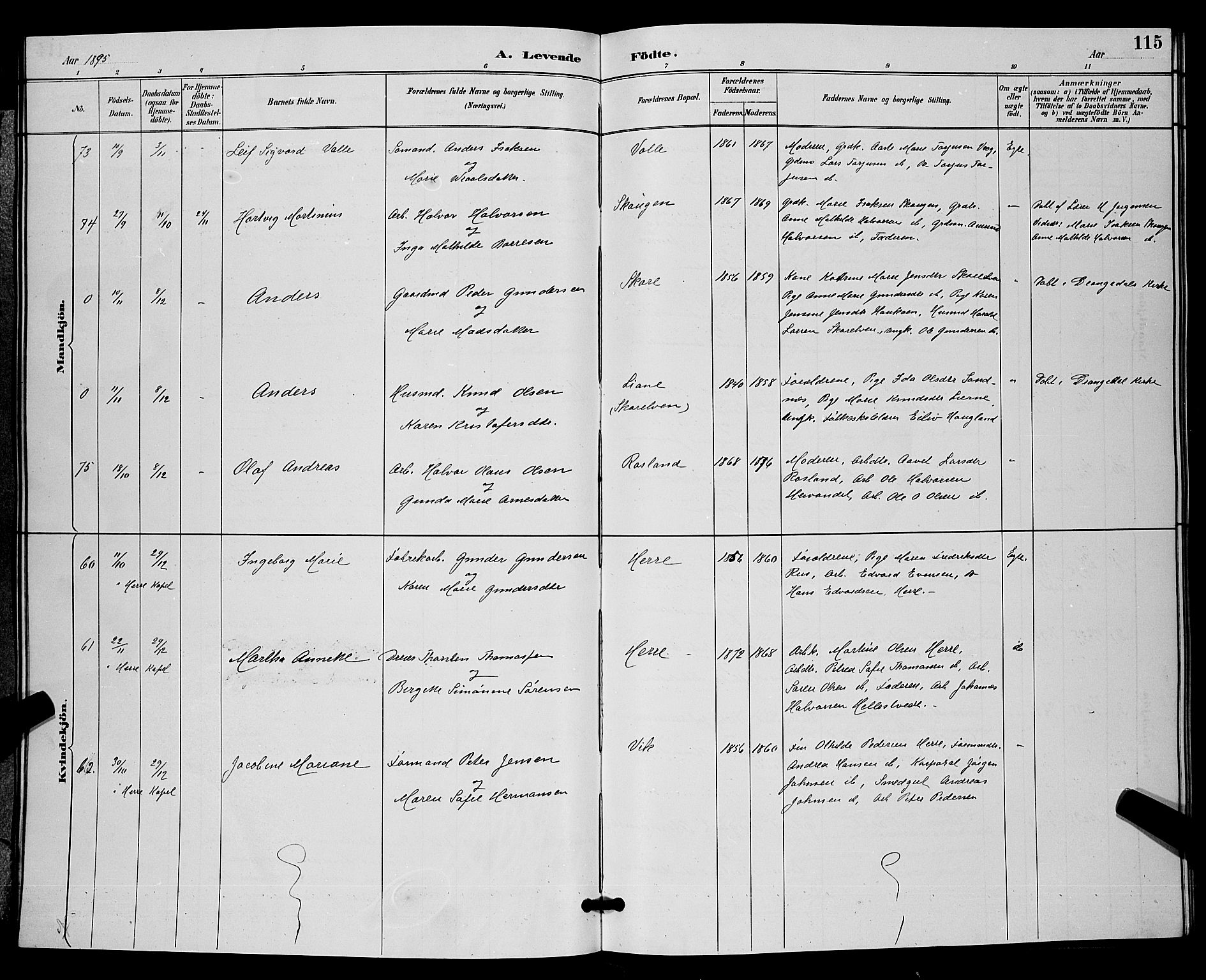 Bamble kirkebøker, SAKO/A-253/G/Ga/L0009: Parish register (copy) no. I 9, 1888-1900, p. 115