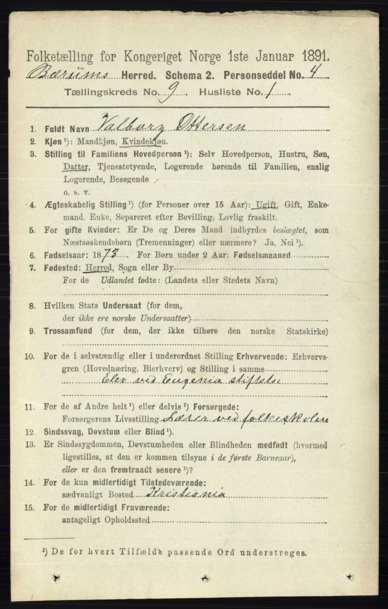 RA, 1891 census for 0219 Bærum, 1891, p. 5137