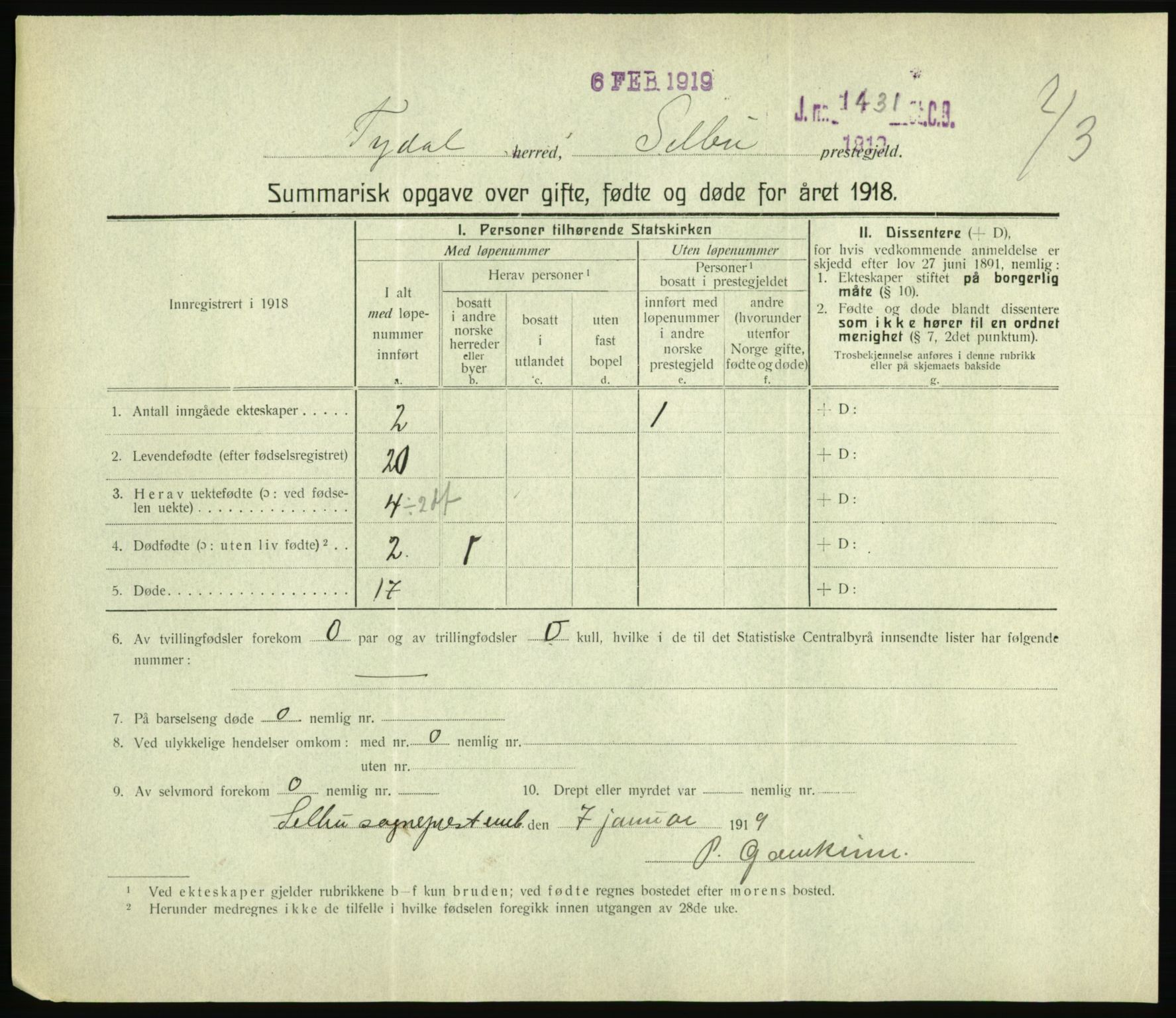 Statistisk sentralbyrå, Sosiodemografiske emner, Befolkning, RA/S-2228/D/Df/Dfb/Dfbh/L0059: Summariske oppgaver over gifte, fødte og døde for hele landet., 1918, p. 1347